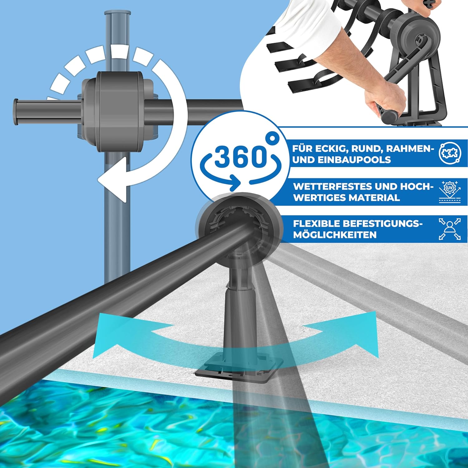 KESSER® Pool Aufroller Premium Aufrollsystem 1,05m - 6,15 m für Solarplane | mobiles Aufrollvorrichtung für Poolplane & Abdeckung inkl. Bänder, Bürste & Handschuhe | witterungsbeständiges Material — Ansicht 4