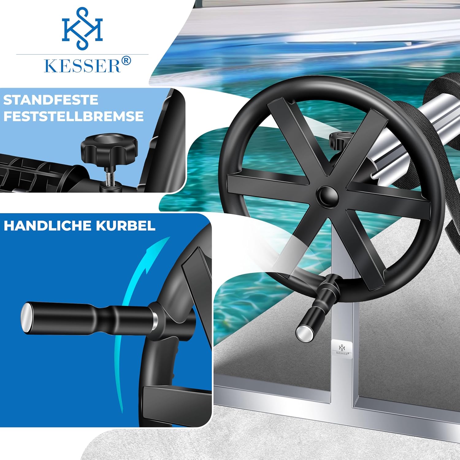KESSER® Pool Premium Aufrollsystem 3m - 5,70m | Mit Rädern | für Solarplane | mobiles Aufrollvorrichtung für Poolplane & Abdeckung | inkl. Bänder, Handschuhe & Bürste | witterungsbeständiges Material — Ansicht 2