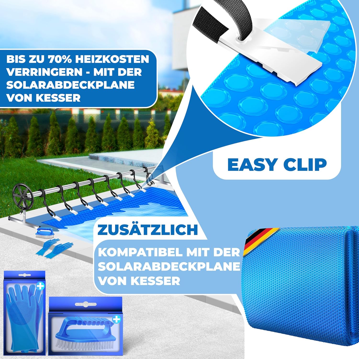 KESSER® Pool Premium Aufrollsystem 3m - 5,70m | Mit Rädern | für Solarplane | mobiles Aufrollvorrichtung für Poolplane & Abdeckung | inkl. Bänder, Handschuhe & Bürste | witterungsbeständiges Material — Ansicht 3