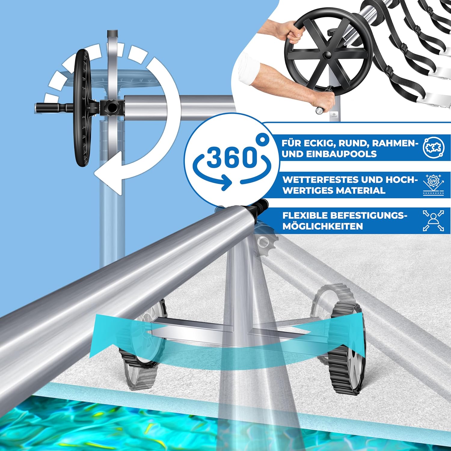 KESSER® Pool Premium Aufrollsystem 3m - 5,70m | Mit Rädern | für Solarplane | mobiles Aufrollvorrichtung für Poolplane & Abdeckung | inkl. Bänder, Handschuhe & Bürste | witterungsbeständiges Material — Ansicht 4