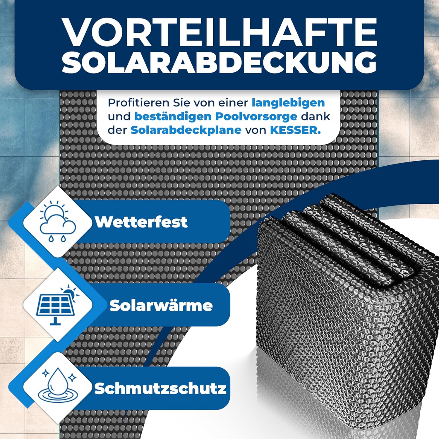 KESSER® Pool Solarfolie 400 μm | Solarplane Rechteckig 700x400cm Poolabdeckung | Solarabdeckplane flexibel zuschneidbar | Poolplane für Wassererwärmung | Solarabdeckung mit Schere, Lochzange & 12 Ösen — Ansicht 4