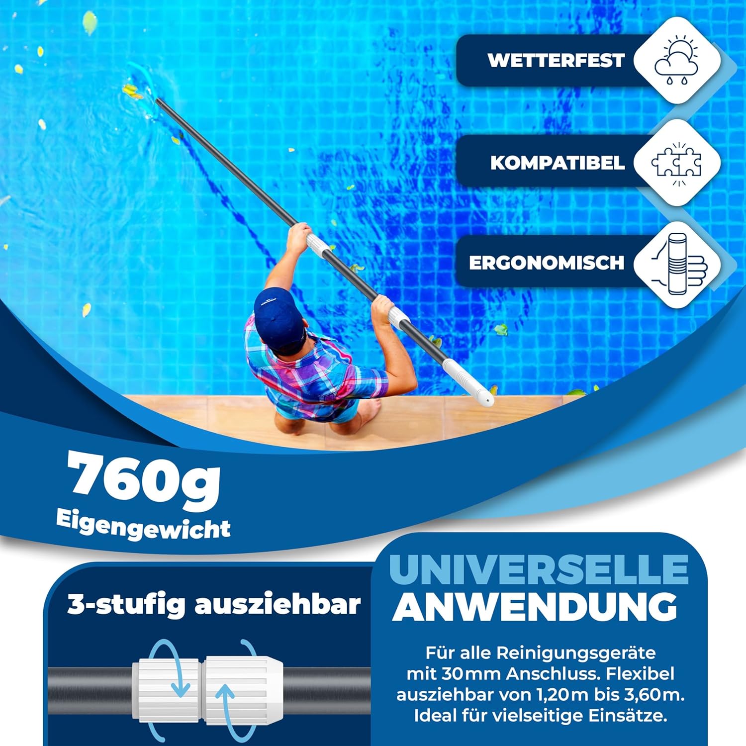 KESSER® Pool Teleskopstange Aluminium Poolstange | Stange zur Poolreinigung 3-teilig | einstellbar von 1,20m bis 3,60m | Witterungsbeständig und Stabil, Anthrazit — Ansicht 2