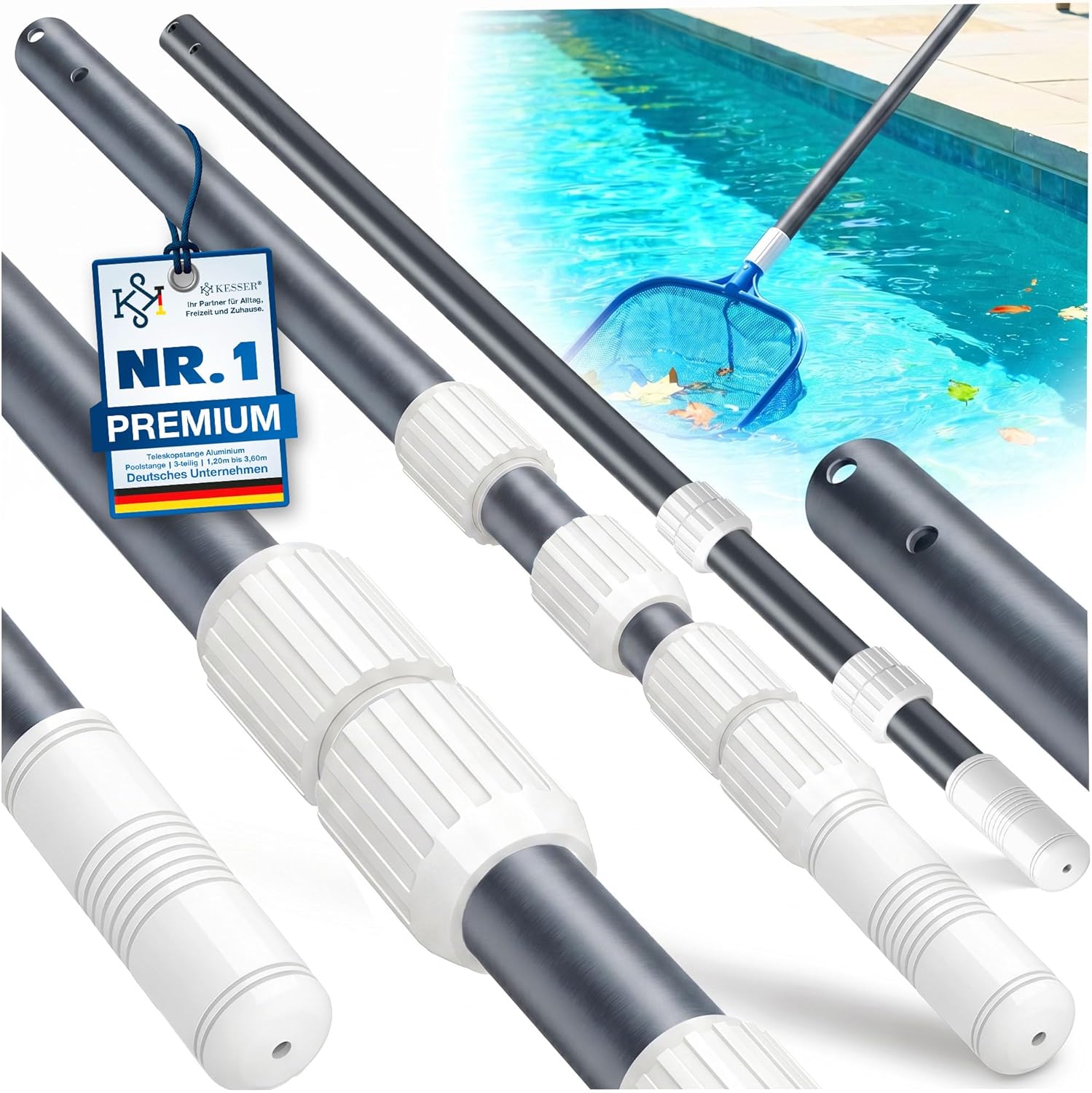 KESSER® Pool Teleskopstange Aluminium Poolstange | Stange zur Poolreinigung 3-teilig | einstellbar von 1,20m bis 3,60m | Witterungsbeständig und Stabil, Anthrazit