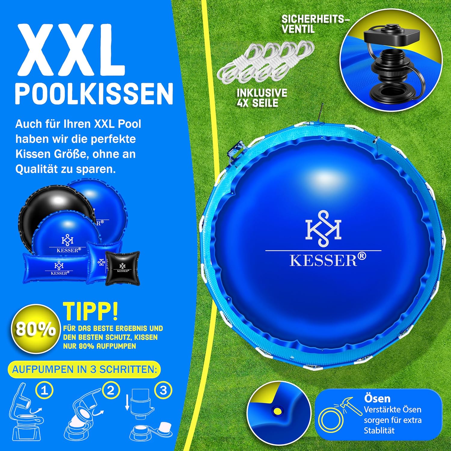 KESSER® Poolkissen Winter 400cm | Poolabdeckung mit Doppelnaht Whirpools | Luftkissen Pool Abdeckung Überwinterung | Abdeckung Einbaupools Winter | PVC wasserdicht & UV-beständig mit 4X Seile — Ansicht 4