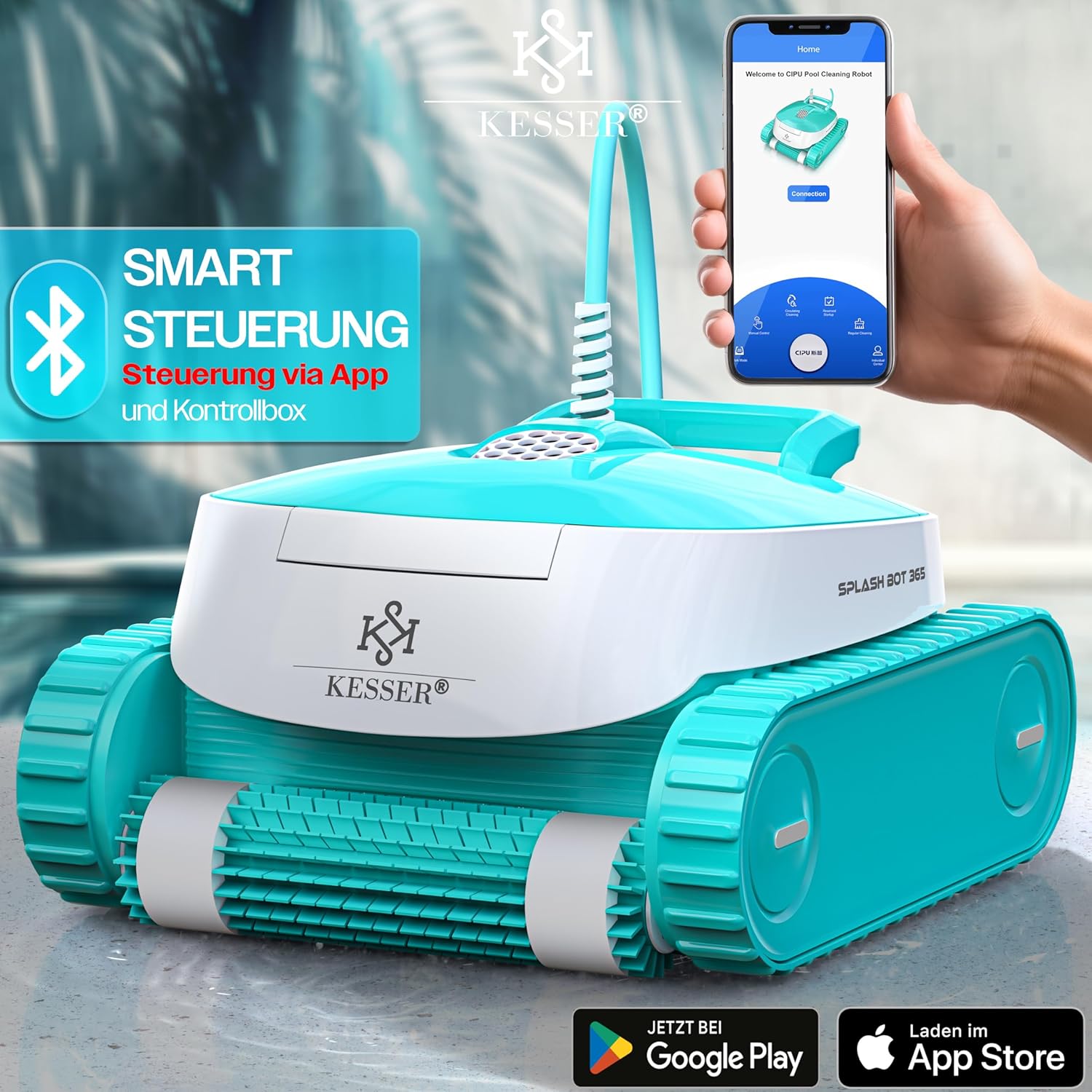 KESSER® Poolroboter für Boden und Wand bis 100 m2, Wasserlinienreinigung, automatischer Poolreiniger mit App-Funktion & Kontrollmodul, Poolsauger für eingelassene Pools mit Klettermechanismus — Ansicht 2