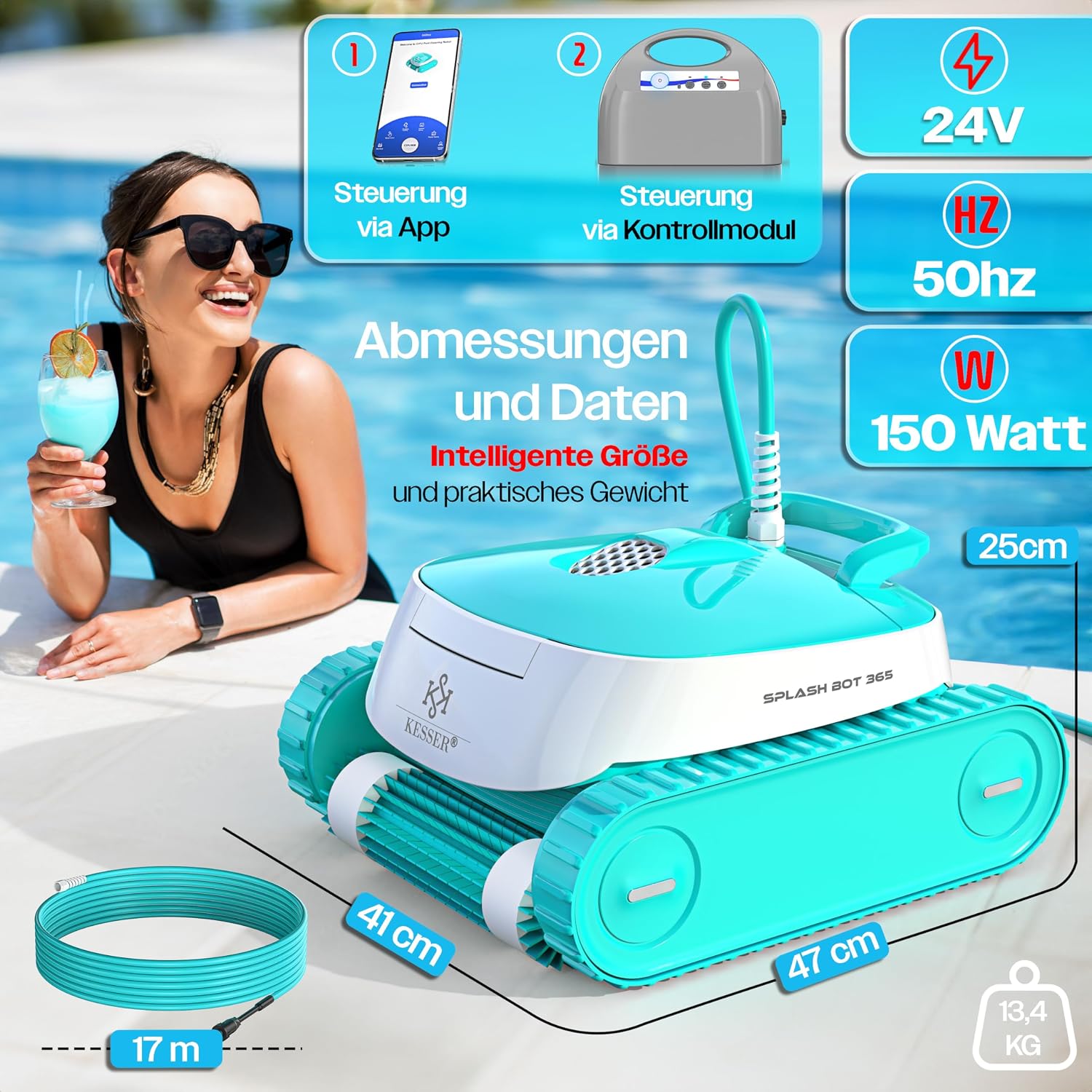 KESSER® Poolroboter für Boden und Wand bis 100 m2, Wasserlinienreinigung, automatischer Poolreiniger mit App-Funktion & Kontrollmodul, Poolsauger für eingelassene Pools mit Klettermechanismus — Ansicht 6
