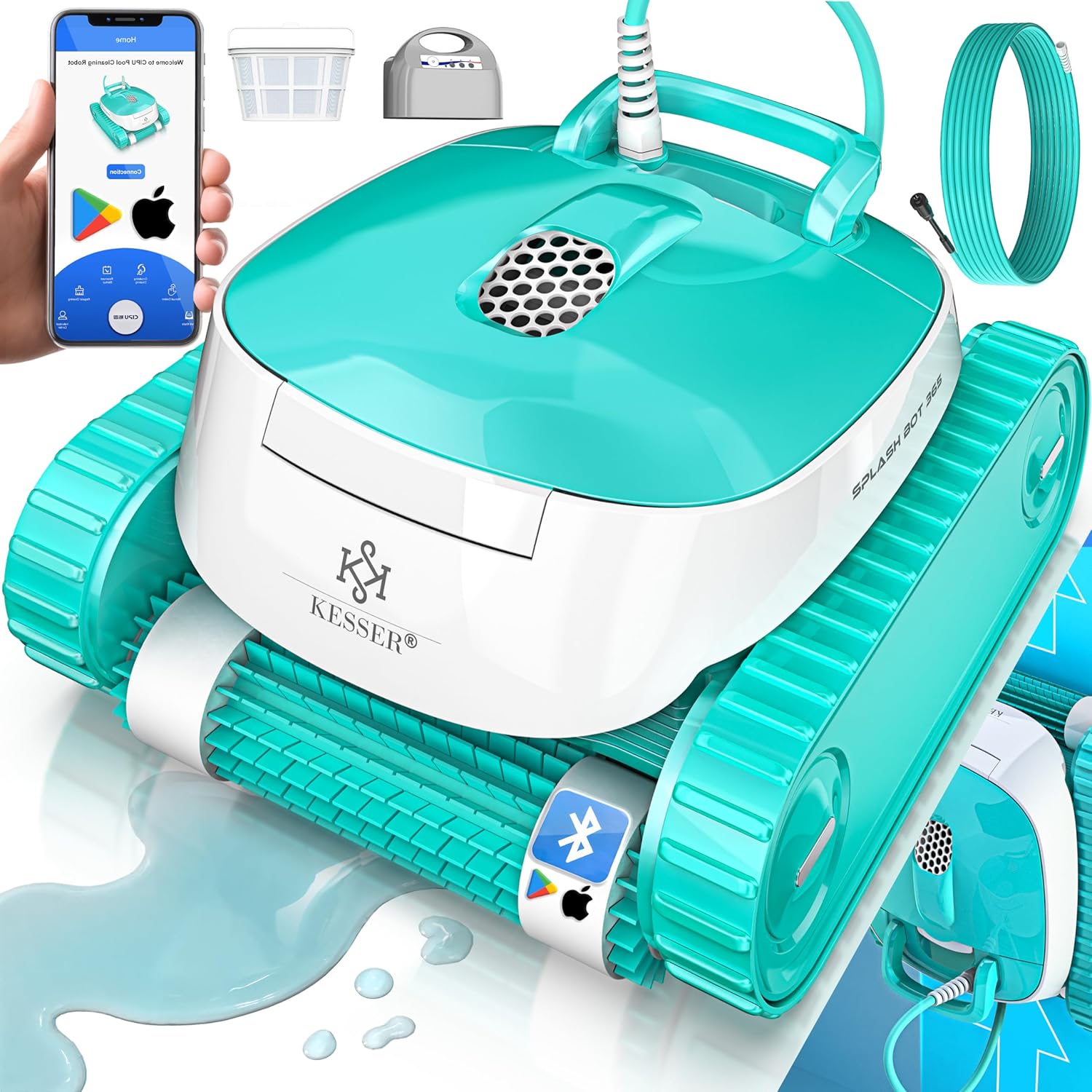 KESSER® Poolroboter für Boden und Wand bis 100 m2, Wasserlinienreinigung, automatischer Poolreiniger mit App-Funktion & Kontrollmodul, Poolsauger für eingelassene Pools mit Klettermechanismus