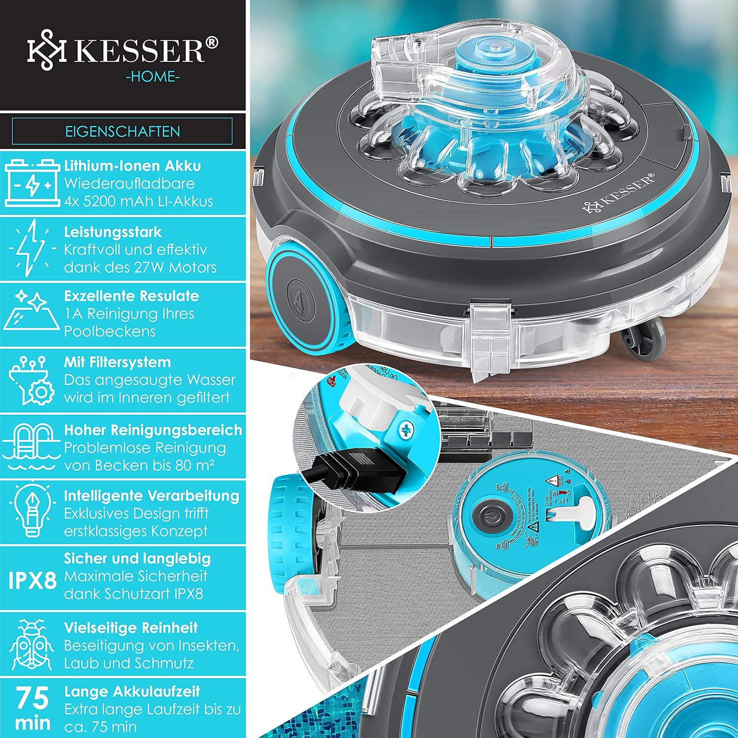 KESSER® Poolroboter Poolreiniger Akku Aqua-9000 inkl. Transporttasche Pool Roboter für bis 80m2 Pools, Li-Ion Akku max. 75 min, Kabellos Poolsauger Bodenreinigung Vollautomatisch Bodensauger Anthrazit — Ansicht 2