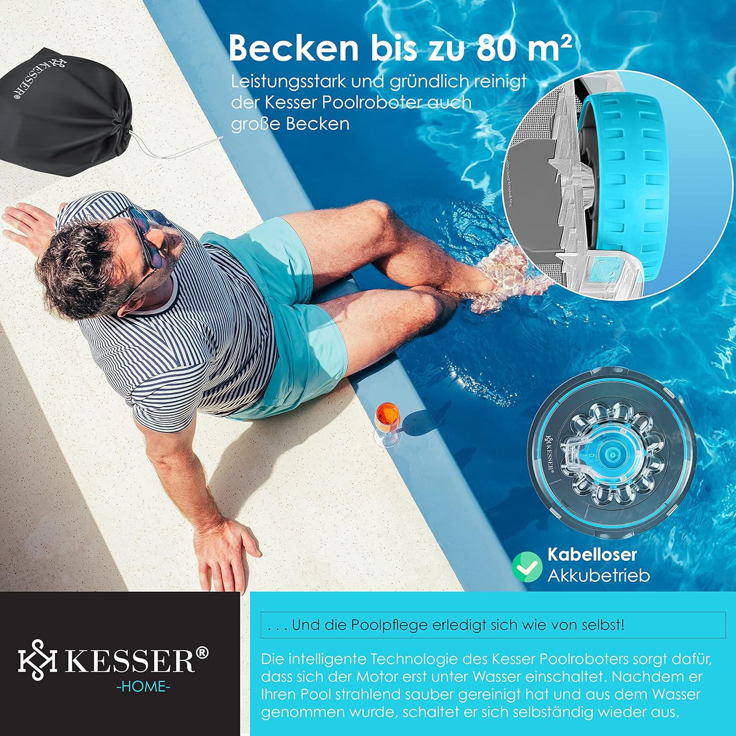 KESSER® Poolroboter Poolreiniger Akku Aqua-9000 inkl. Transporttasche Pool Roboter für bis 80m2 Pools, Li-Ion Akku max. 75 min, Kabellos Poolsauger Bodenreinigung Vollautomatisch Bodensauger Anthrazit — Ansicht 3