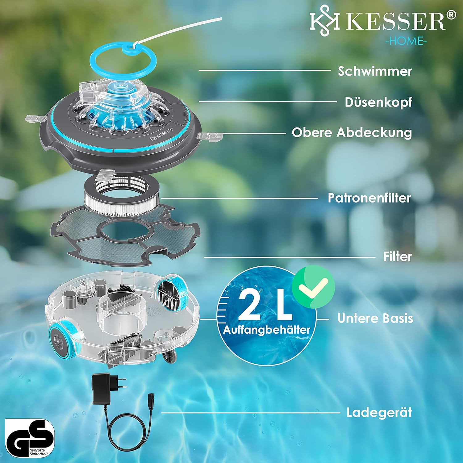 KESSER® Poolroboter Poolreiniger Akku Aqua-9000 inkl. Transporttasche Pool Roboter für bis 80m2 Pools, Li-Ion Akku max. 75 min, Kabellos Poolsauger Bodenreinigung Vollautomatisch Bodensauger Anthrazit — Ansicht 5