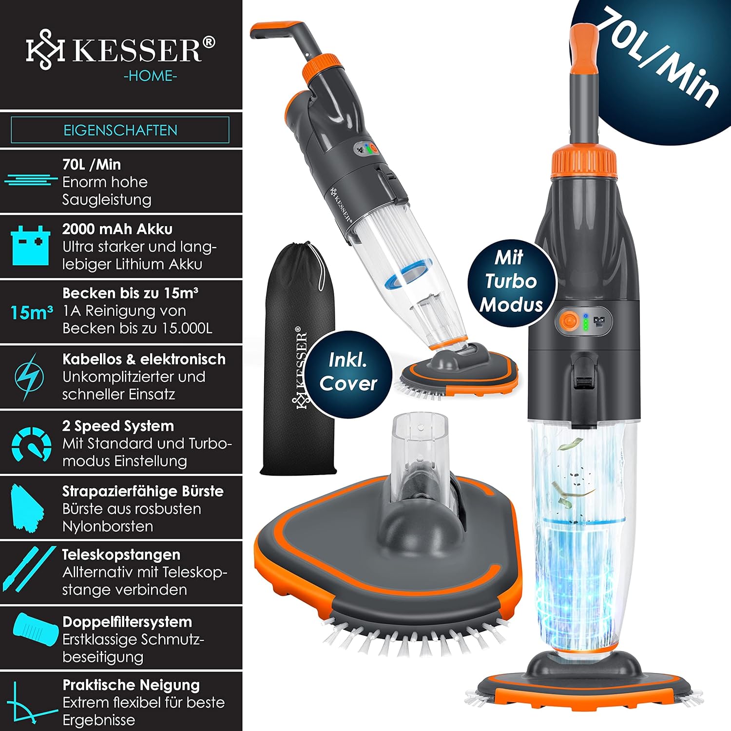 KESSER® Poolsauger mit Akku | elektrische Pool Bodensauger | Poolreiniger mit Filter & 2-Geschwindigkeits-System | Handsauger Reinigungsset kabellos bis zu 15m3 — Ansicht 2