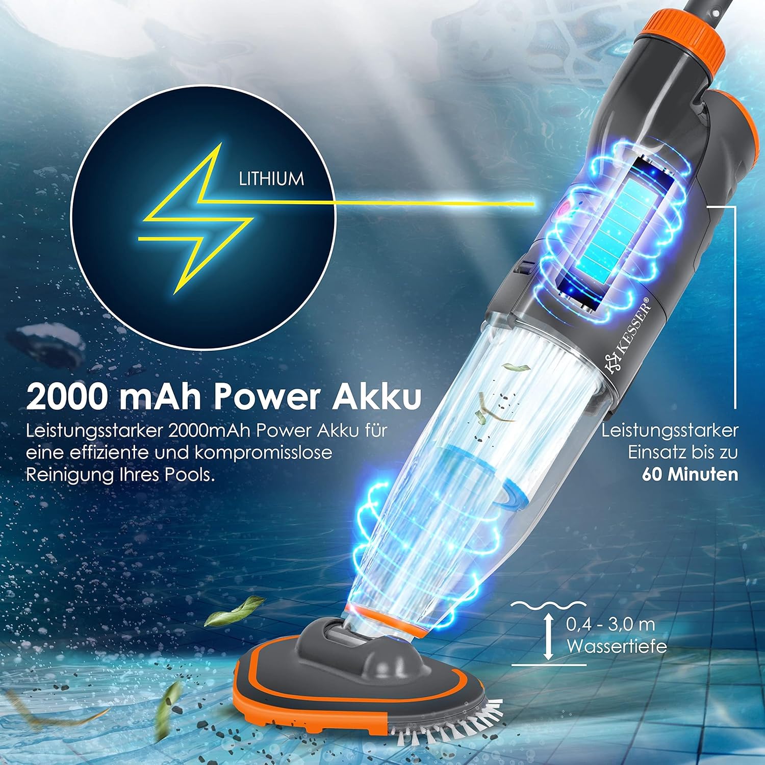 KESSER® Poolsauger mit Akku | elektrische Pool Bodensauger | Poolreiniger mit Filter & 2-Geschwindigkeits-System | Handsauger Reinigungsset kabellos bis zu 15m3 — Ansicht 3