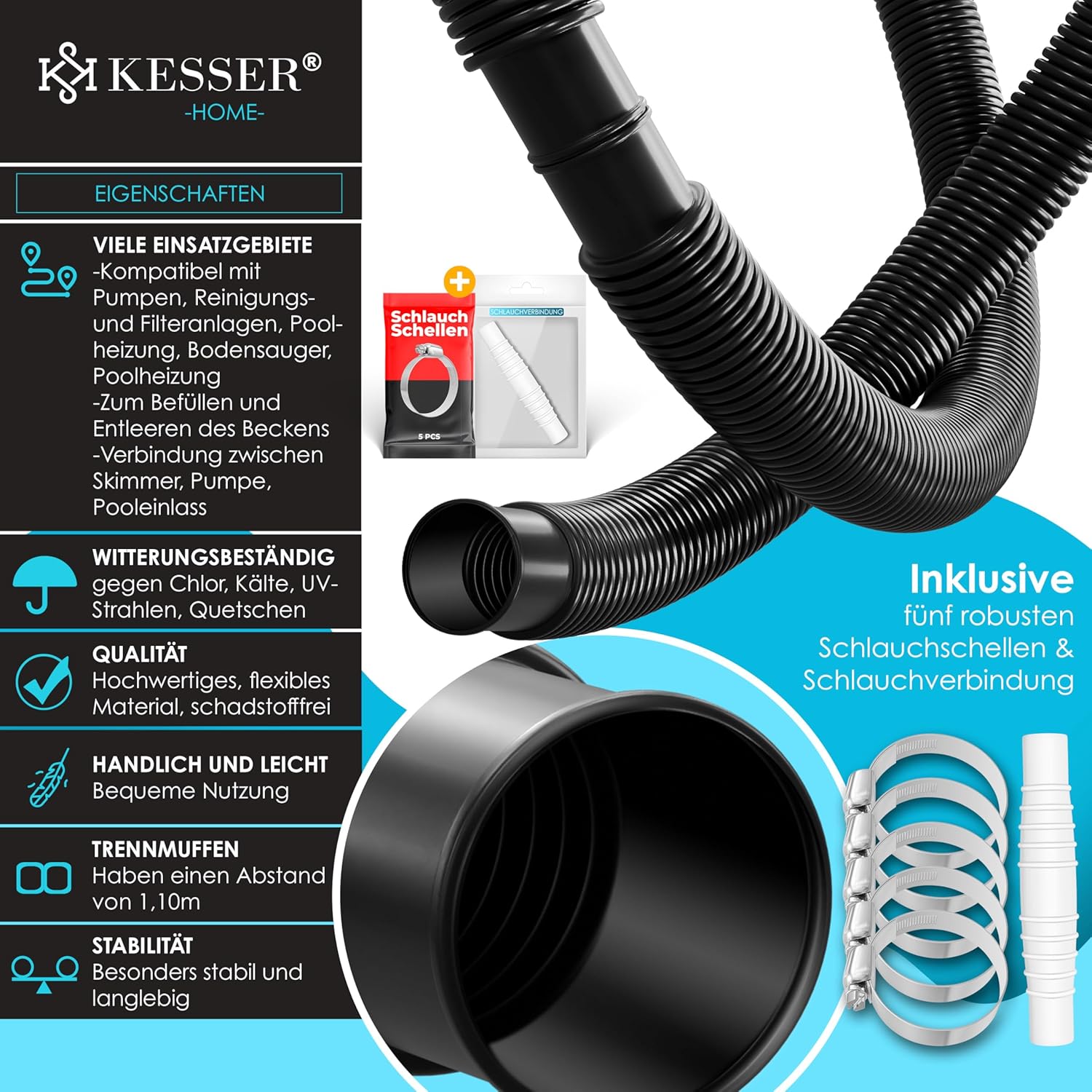 KESSER® Poolschlauch 14m / Ø 32mm | Schwimmbadschlauch mit Muffen | Solarschlauch für Pool | Saugschlauch | Pumpenschlauch | Flexibler Wasserschlauch inkl. Schlauchschellen & -verbindung | Schwarz — Ansicht 2