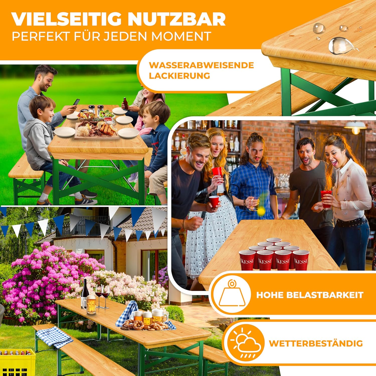 KESSER® Premium Bierzeltgarnitur 3-TLG., Festzeltgarnitur klappbar, Biertisch mit 2 Bierbänken, Gartenmöbel Set Holz, Partygarnitur, Sitzgarnitur, wetterfest, stabil, 220x50x75cm,16-TLG. Bodenschoner — Ansicht 4