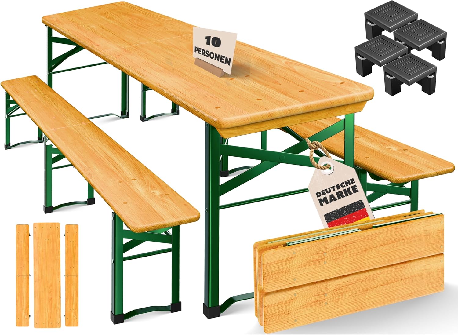 KESSER® Premium Bierzeltgarnitur 3-TLG., Festzeltgarnitur klappbar, Biertisch mit 2 Bierbänken, Gartenmöbel Set Holz, Partygarnitur, Sitzgarnitur, wetterfest, stabil, 220x50x75cm,16-TLG. Bodenschoner