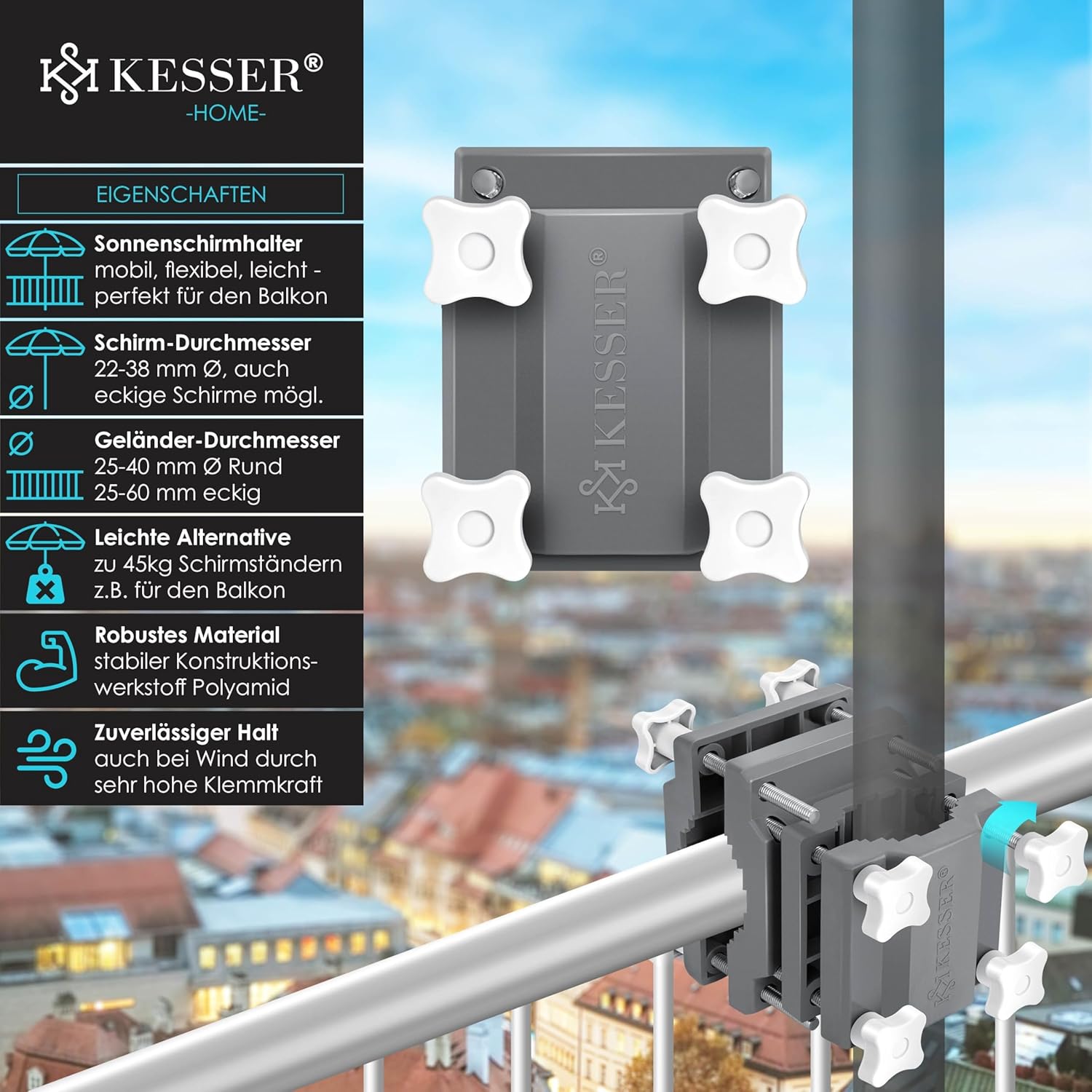 KESSER Premium Sonnenschirmhalter Universal Balkongeländer | Schirmständer für eckige und runde Schirme | Balkon Terrasse Sonnenschirm Halterung hohe Flexibilität | Starke Klemmkraft Grau/Hellgrau — Ansicht 2