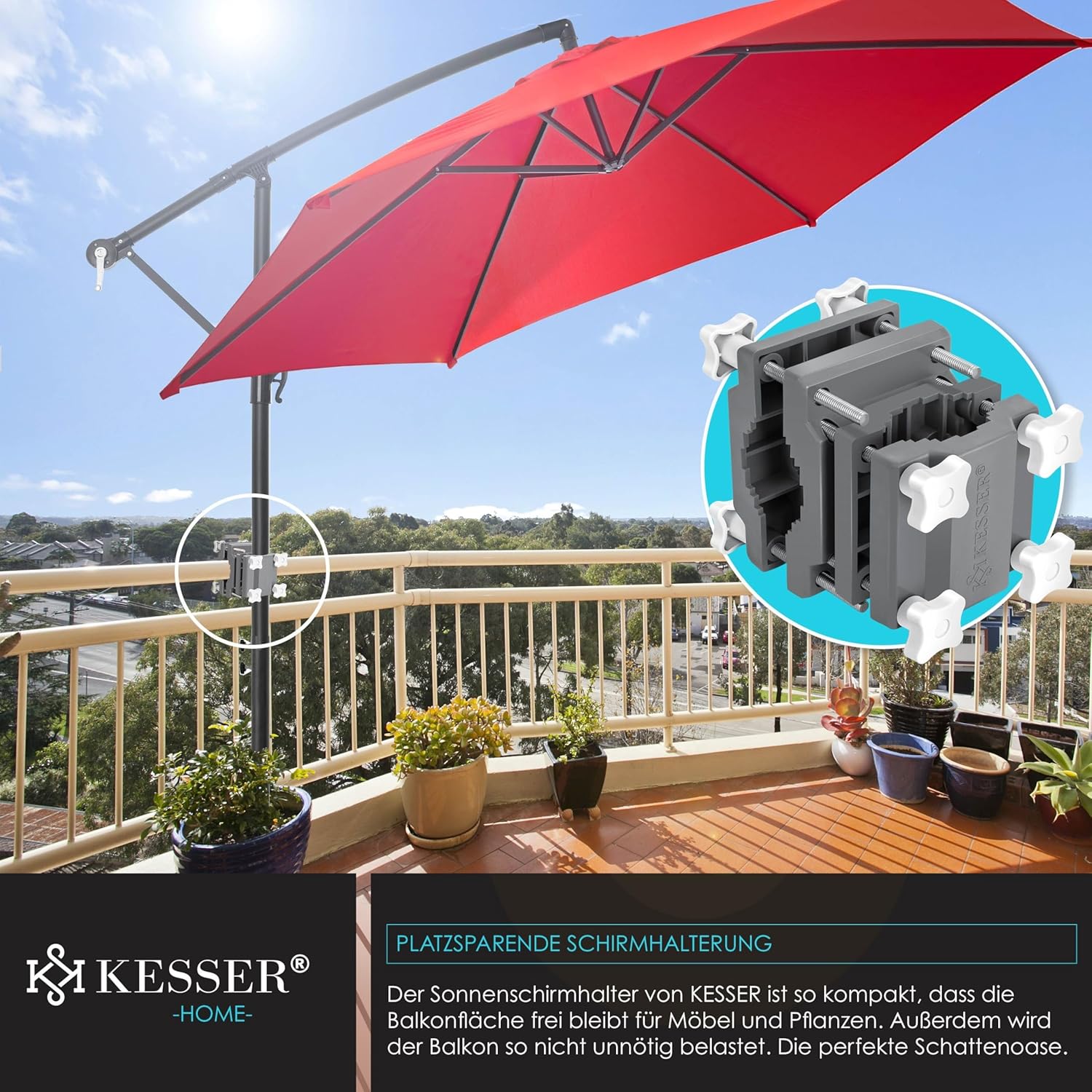 KESSER Premium Sonnenschirmhalter Universal Balkongeländer | Schirmständer für eckige und runde Schirme | Balkon Terrasse Sonnenschirm Halterung hohe Flexibilität | Starke Klemmkraft Grau/Hellgrau — Ansicht 6