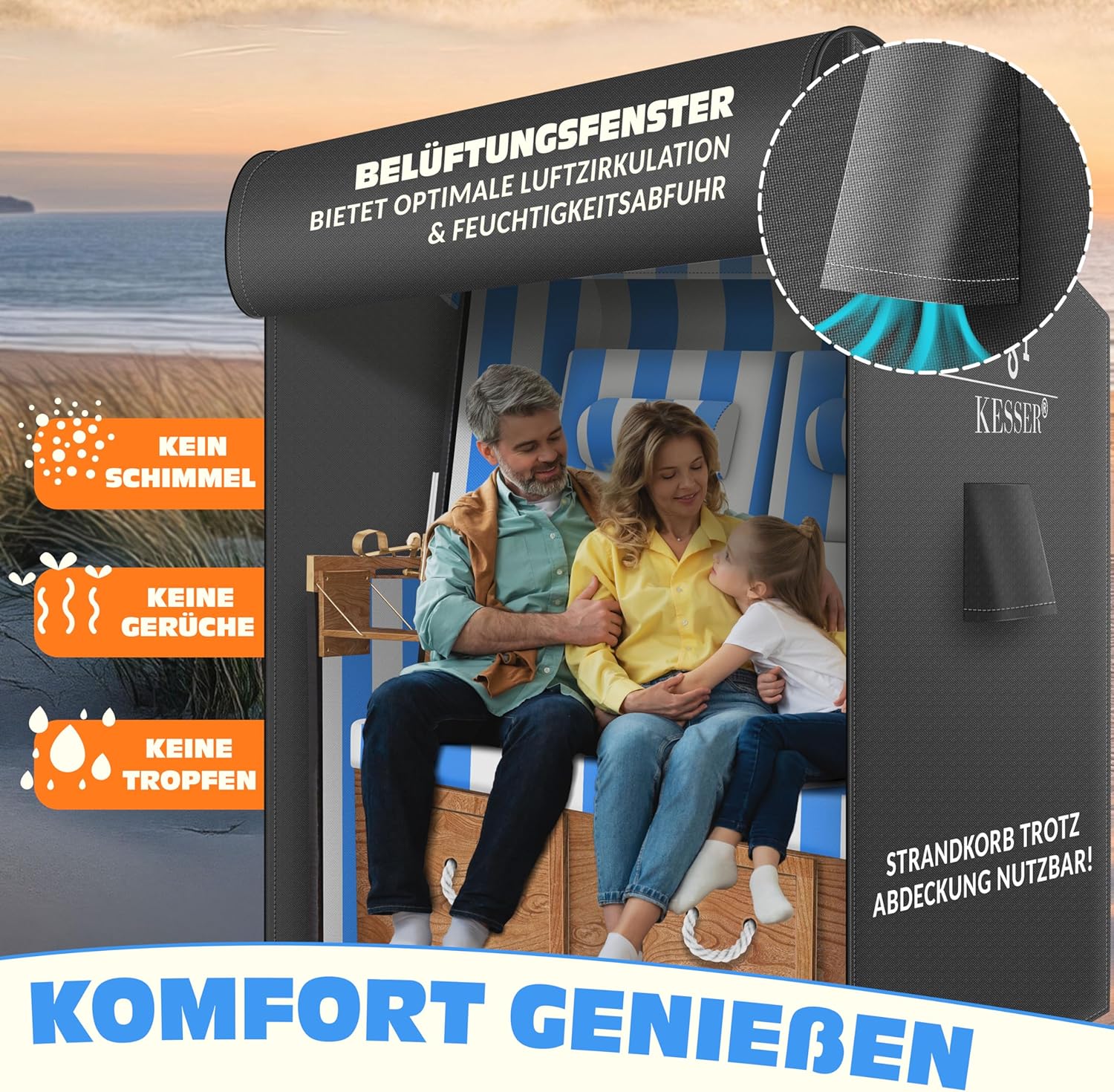 KESSER® Premium Strandkorb Schutzhülle mit Belüftungsöffnungen, Strandkorbhülle Wasserdicht, Winterfest UV-Beständiges, Schwerlast Reißfest 600D Oxford Gewebe Abdeckung (135x105x175cm), Anthrazit — Ansicht 5