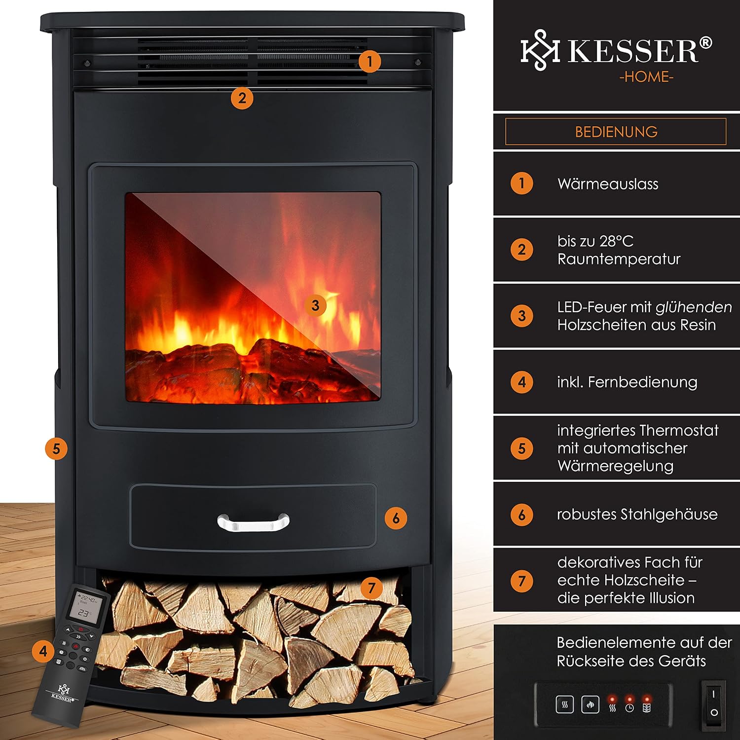 KESSER® Prio Elektrokamin mit Heizung Heizlüfter Fernbedienung WiFi App 950/1900 W Kamin elektrisch LED-Flammeneffekt Kaminfeuer mit Thermostat Panorama-Sichtfenster Heizfunktion Timer — Ansicht 4