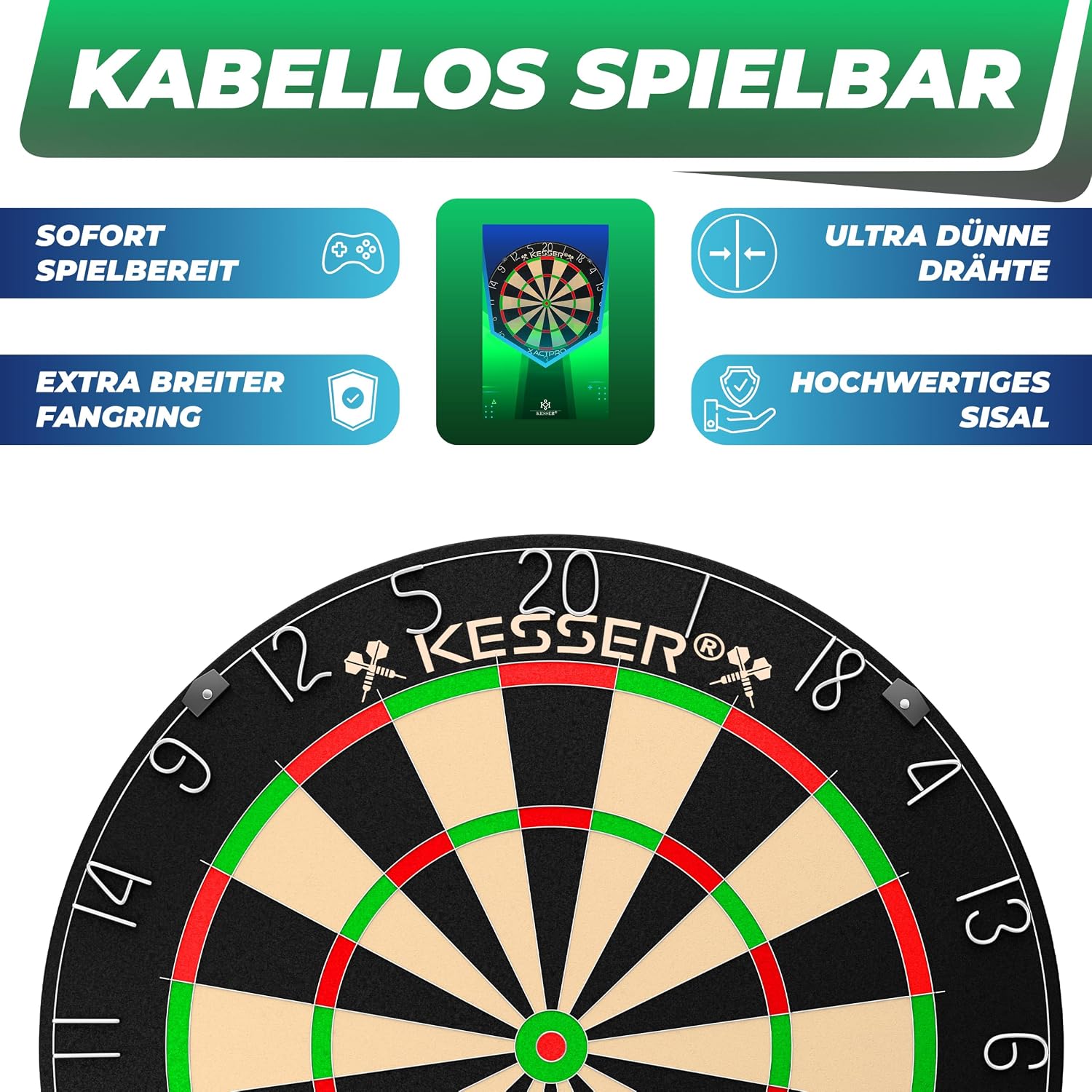 KESSER® Profi Dartscheibe Sisal – Steeldart Dartboard Set 9 Pfeilen mit Metallspitze, 24 Pro Flights & Zubehör, selbstheilend, Wandmontage, Steeldartscheibe Dartboard, inkl. Montageset — Ansicht 3