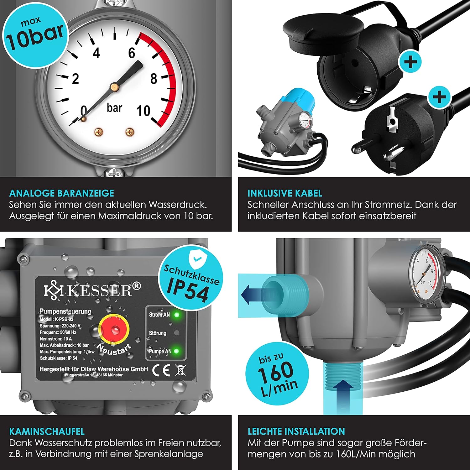 KESSER® Pumpensteuerung mit Baranzeige | mit Kabel | 10 bar Druckwächter Elektronische | Druckschalter | überwacht den Wasserdruck - automatisches Ein- und Ausschalten Garten & Haus — Ansicht 3