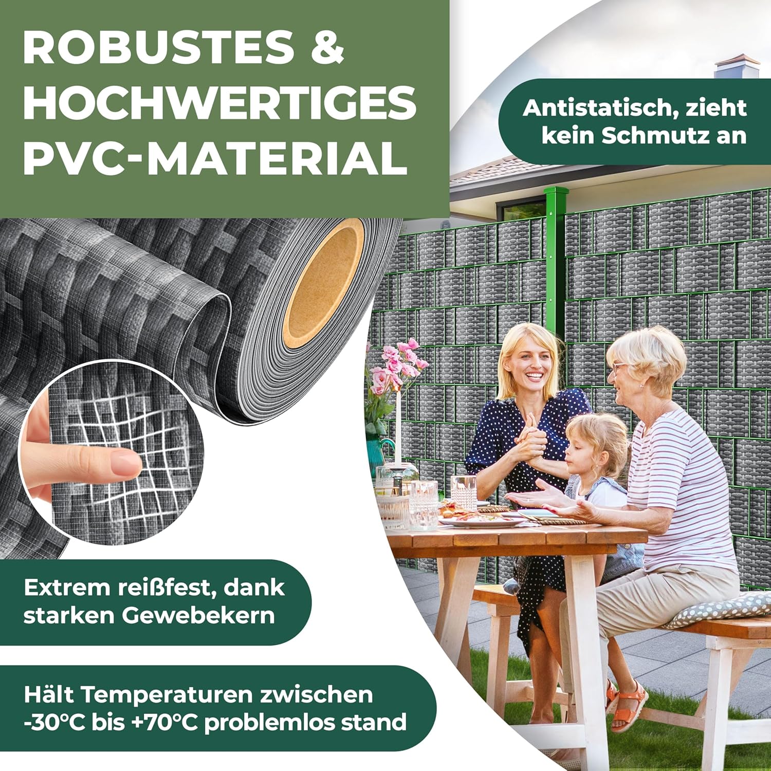 KESSER® PVC Sichtschutzstreifen Sichtschutz Rolle Doppelstabmatten Zaun Blickdicht 70m x 19 cm | 60 Befestigungsclips | Wetterfest Windschutz | Zaunfolie Sichtschutz Garten Gartenzaun Rattan-Anthrazit — Ansicht 4