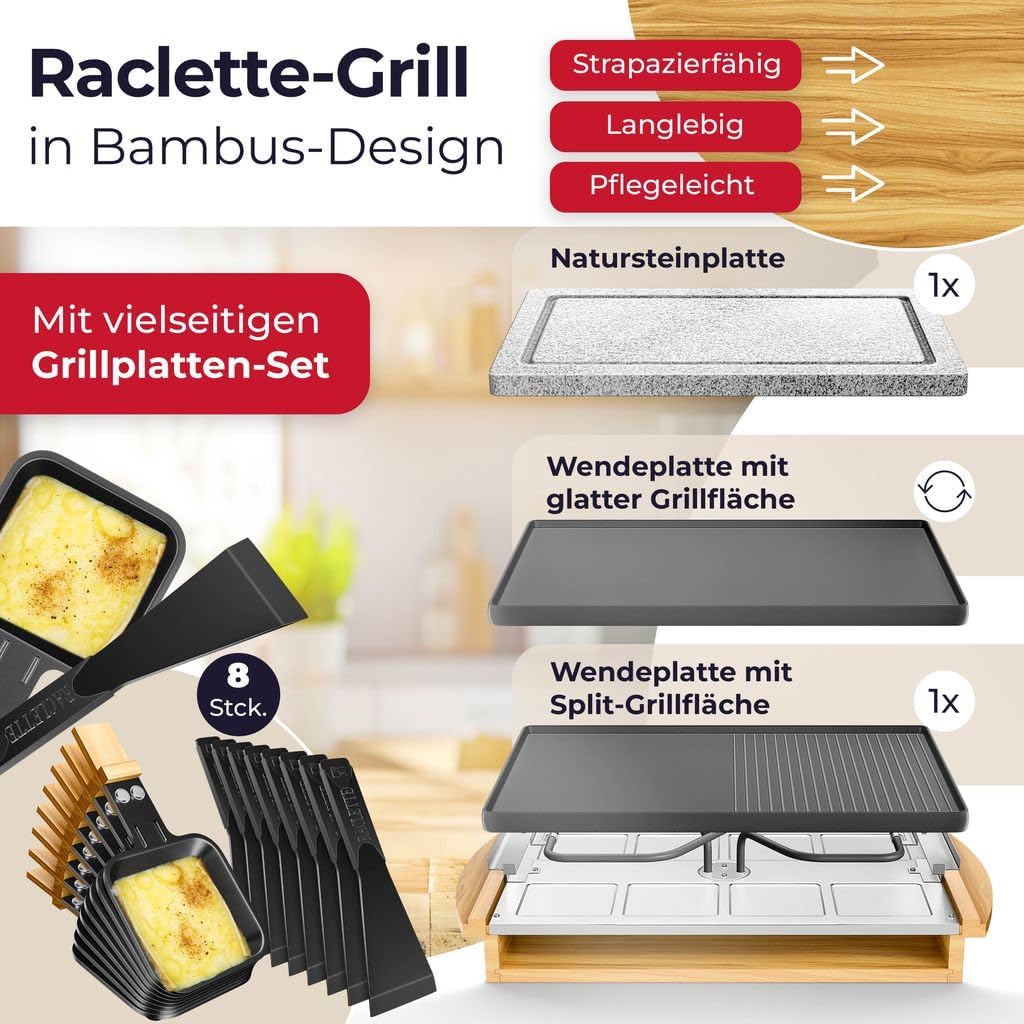 KESSER® Raclette-Grill mit Naturgrillstein, Grillplatte Tischgrill für 8 Personen, Elektrogrill Raclette Grill antihaftbeschichteter Grillplatte, 8 Pfannen und Holzspatel 1200W — Ansicht 2
