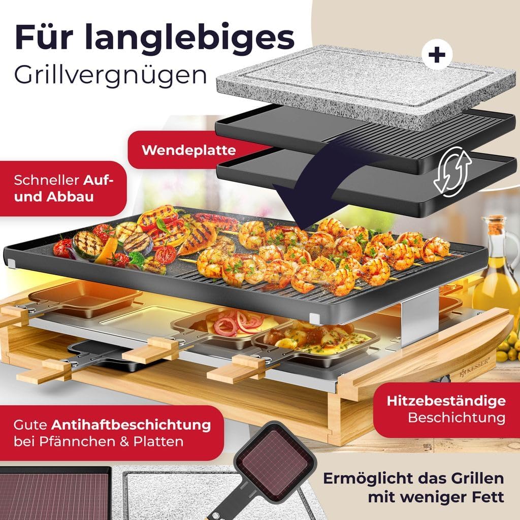 KESSER® Raclette-Grill mit Naturgrillstein, Grillplatte Tischgrill für 8 Personen, Elektrogrill Raclette Grill antihaftbeschichteter Grillplatte, 8 Pfannen und Holzspatel 1200W — Ansicht 3