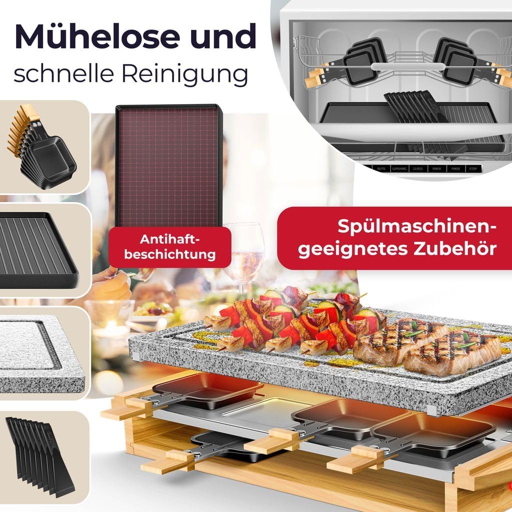 KESSER® Raclette-Grill mit Naturgrillstein, Grillplatte Tischgrill für 8 Personen, Elektrogrill Raclette Grill antihaftbeschichteter Grillplatte, 8 Pfannen und Holzspatel 1200W — Ansicht 4