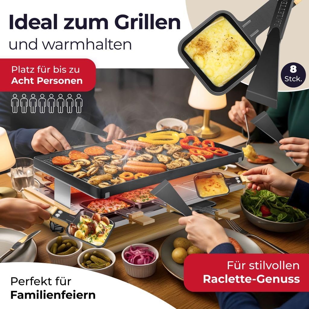 KESSER® Raclette-Grill mit Naturgrillstein, Grillplatte Tischgrill für 8 Personen, Elektrogrill Raclette Grill antihaftbeschichteter Grillplatte, 8 Pfannen und Holzspatel 1200W — Ansicht 6