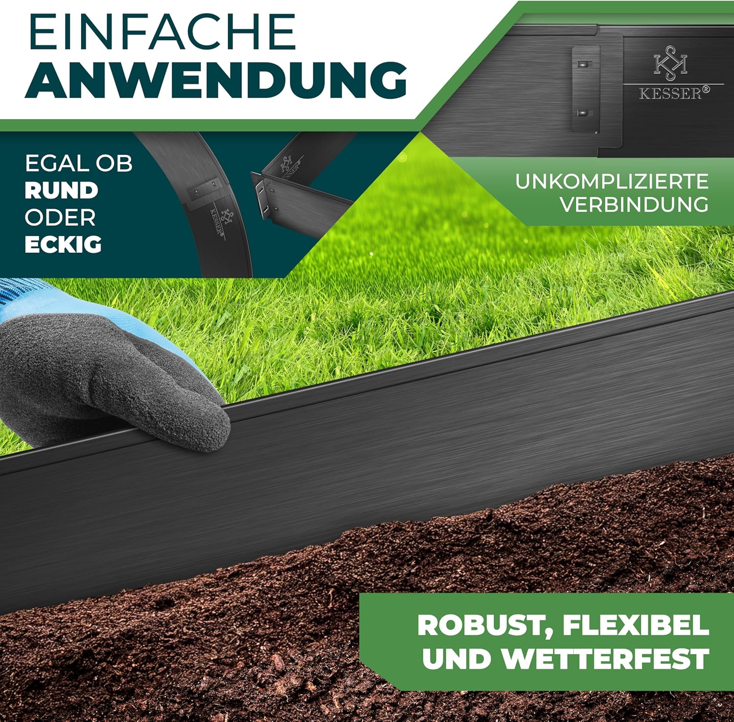KESSER® Rasenkante Beeteinfassung Beetumrandung 10m 100x18cm Beetbegrenzung Rasenbleche Mähkante Metall Palisade Schwarz — Ansicht 5
