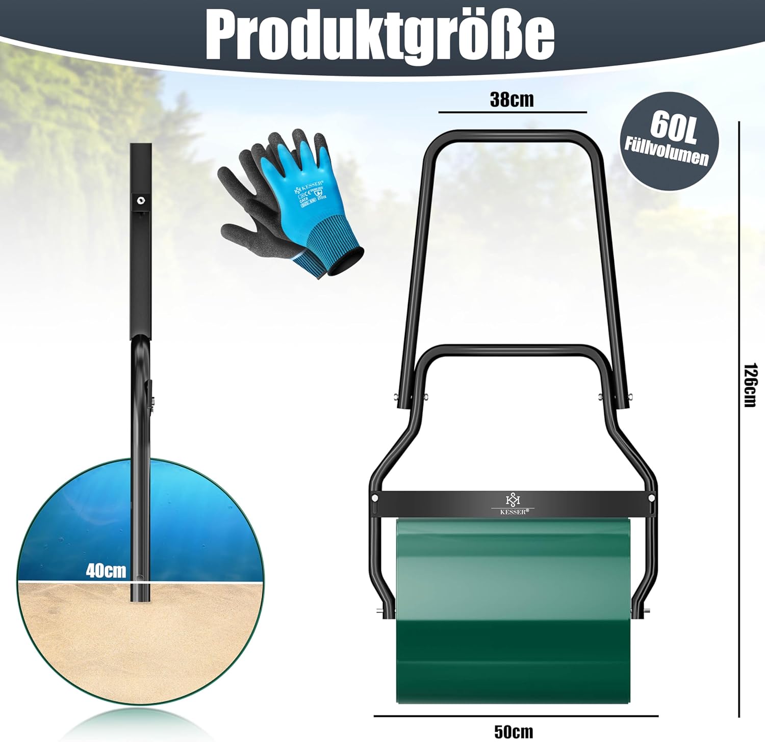 KESSER® Rasenwalze Metall befüllbar mit Wasser oder Sand mit 60 Liter Füllvolumen & 50cm breit | Gartenwalze inklusive Handschuhe | Handwalze Rasenroller Ackerwalze Walze in Grün — Ansicht 2