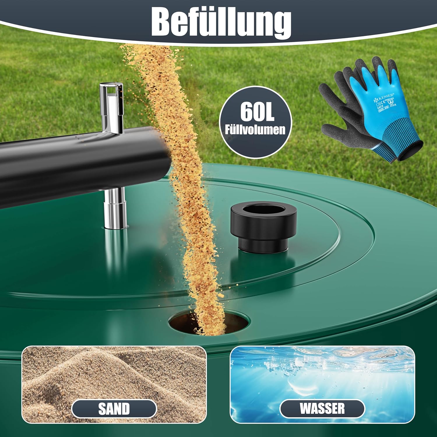 KESSER® Rasenwalze Metall befüllbar mit Wasser oder Sand mit 60 Liter Füllvolumen & 50cm breit | Gartenwalze inklusive Handschuhe | Handwalze Rasenroller Ackerwalze Walze in Grün — Ansicht 3