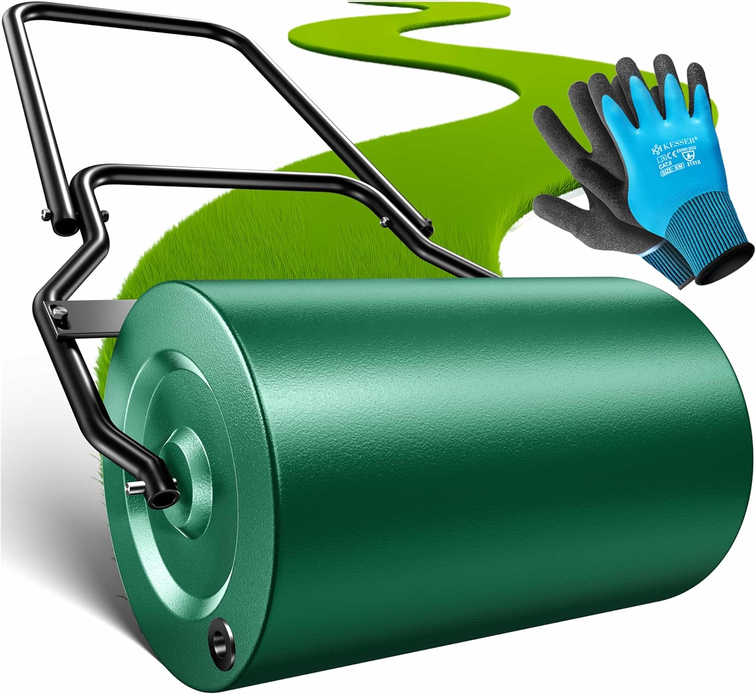 KESSER® Rasenwalze Metall befüllbar mit Wasser oder Sand mit 60 Liter Füllvolumen & 50cm breit | Gartenwalze inklusive Handschuhe | Handwalze Rasenroller Ackerwalze Walze in Grün