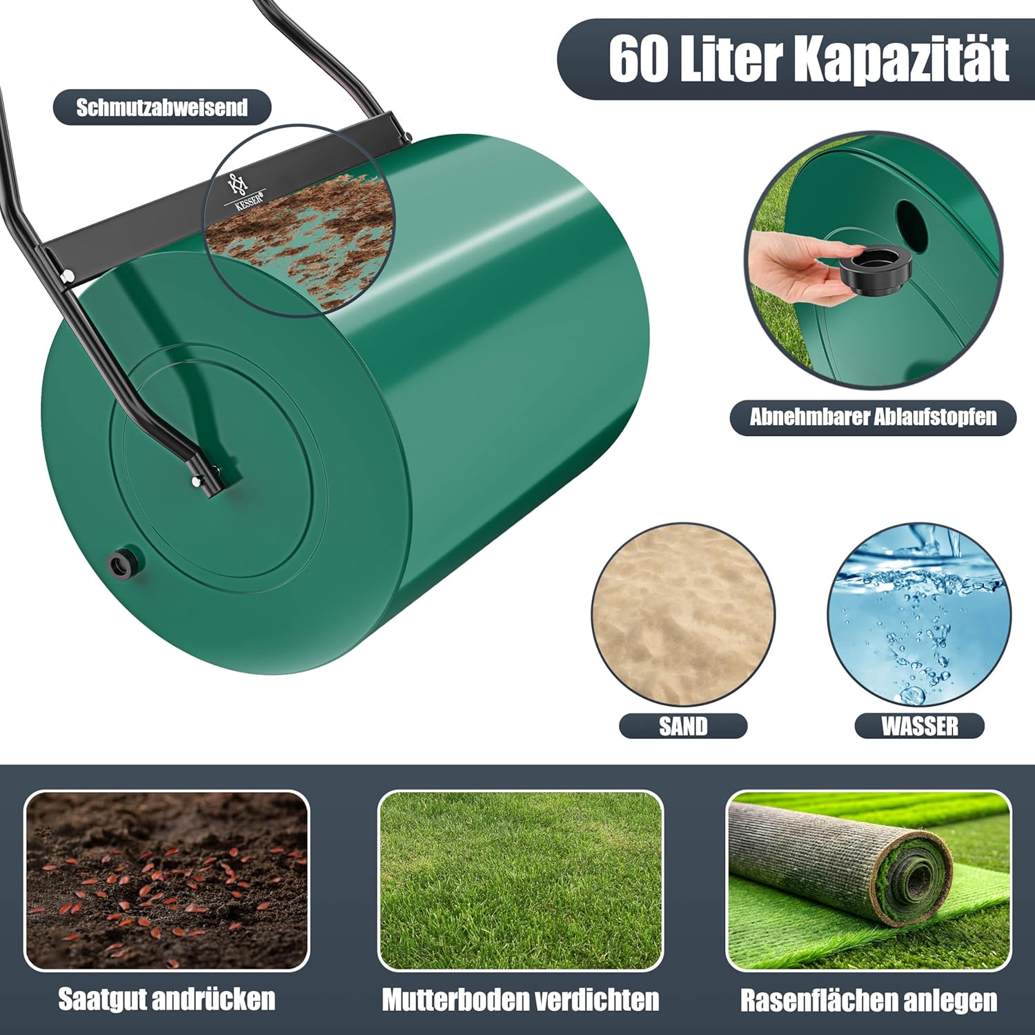 KESSER® Rasenwalze Metall befüllbar mit Wasser oder Sand mit 60 Liter Füllvolumen & 50cm breit | Gartenwalze inklusive Handschuhe | Handwalze Rasenroller Ackerwalze Walze in Grün — Ansicht 4