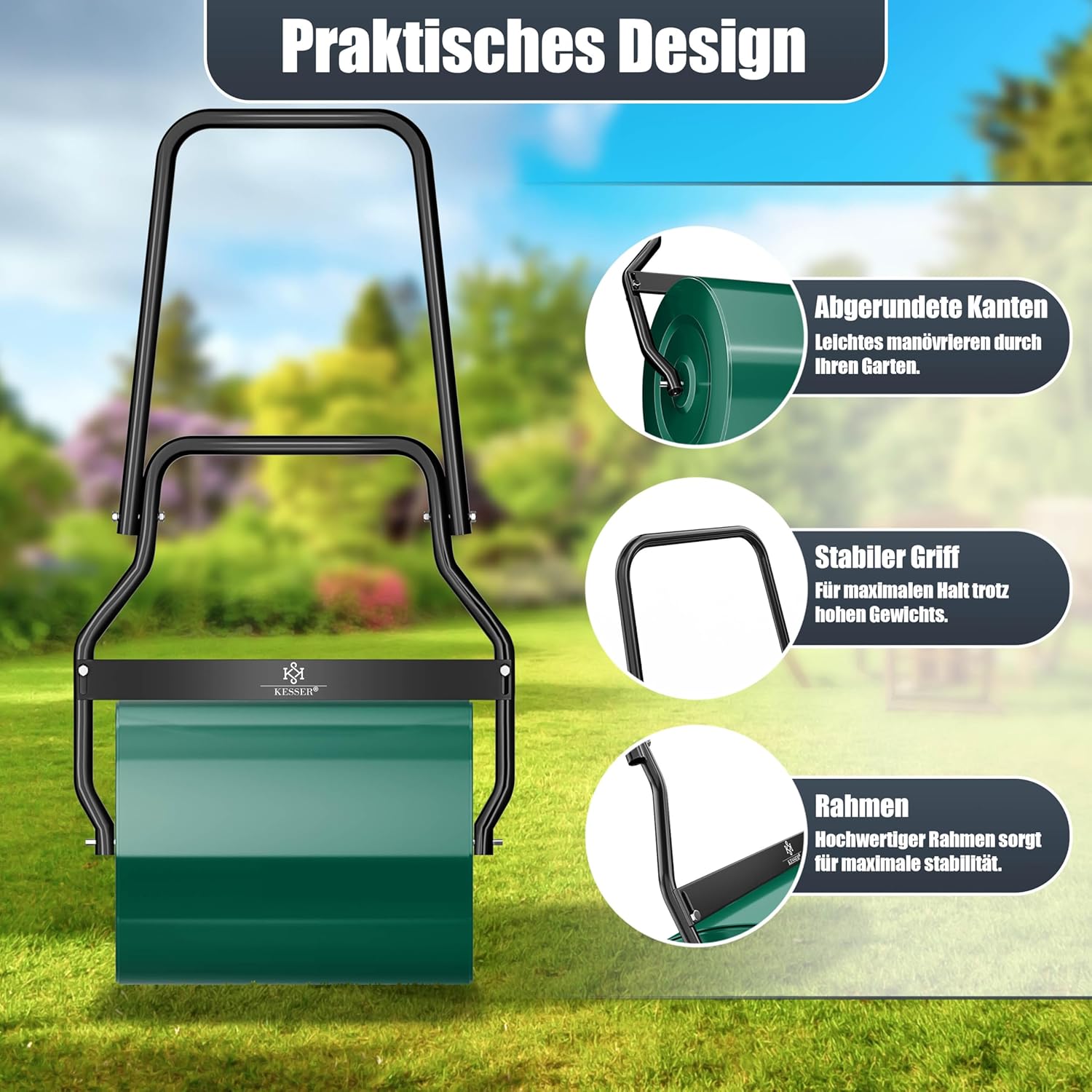 KESSER® Rasenwalze Metall befüllbar mit Wasser oder Sand mit 60 Liter Füllvolumen & 50cm breit | Gartenwalze inklusive Handschuhe | Handwalze Rasenroller Ackerwalze Walze in Grün — Ansicht 5