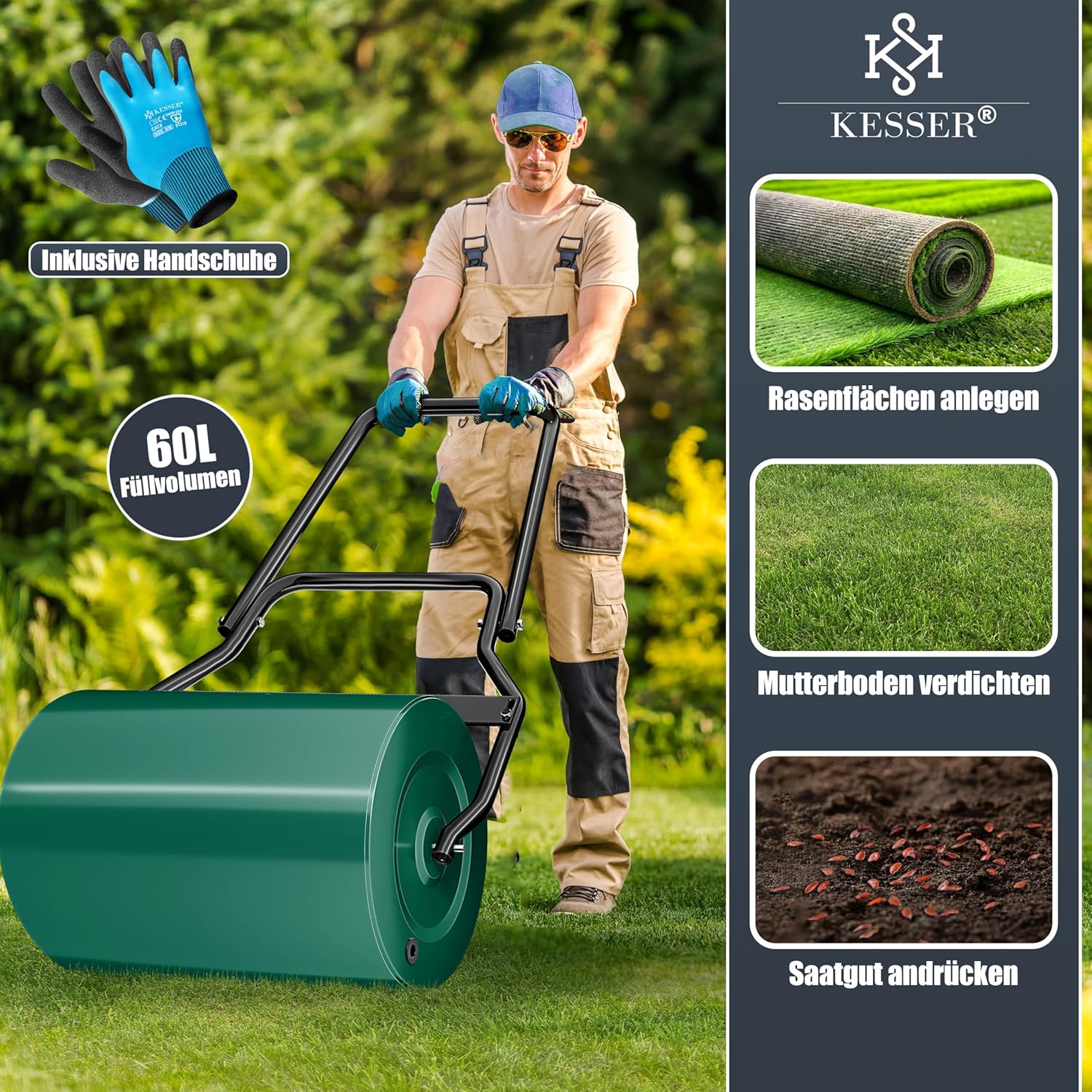 KESSER® Rasenwalze Metall befüllbar mit Wasser oder Sand mit 60 Liter Füllvolumen & 50cm breit | Gartenwalze inklusive Handschuhe | Handwalze Rasenroller Ackerwalze Walze in Grün — Ansicht 6