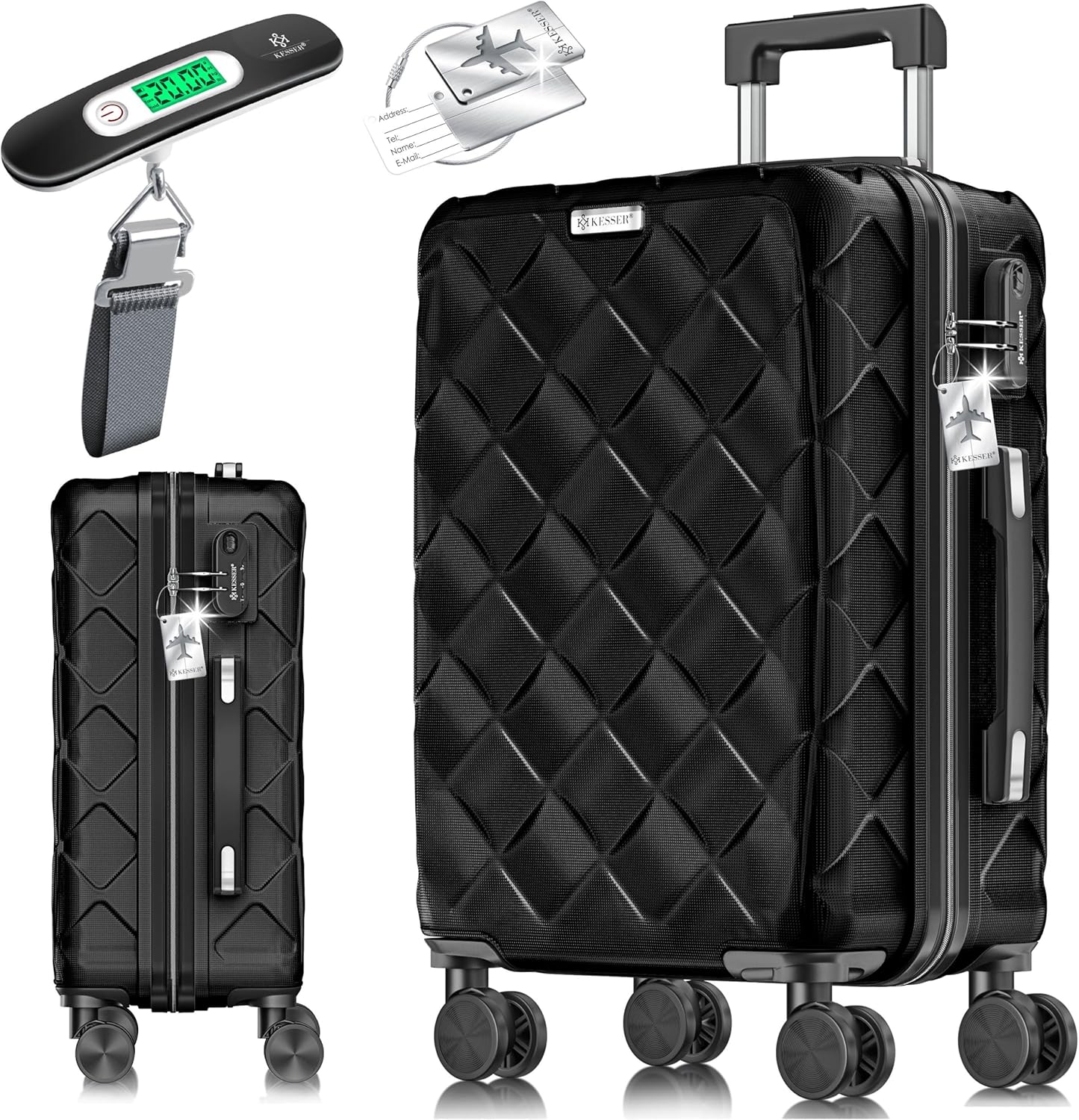 KESSER® Reisekoffer 84L Koffer Handgepäck ABS Hartschalenkoffer mit Zahlenschloss, Kofferwaage & Reisebrieftasche 360° Rollen | Rollkoffer für Business & Reise Trolley Black