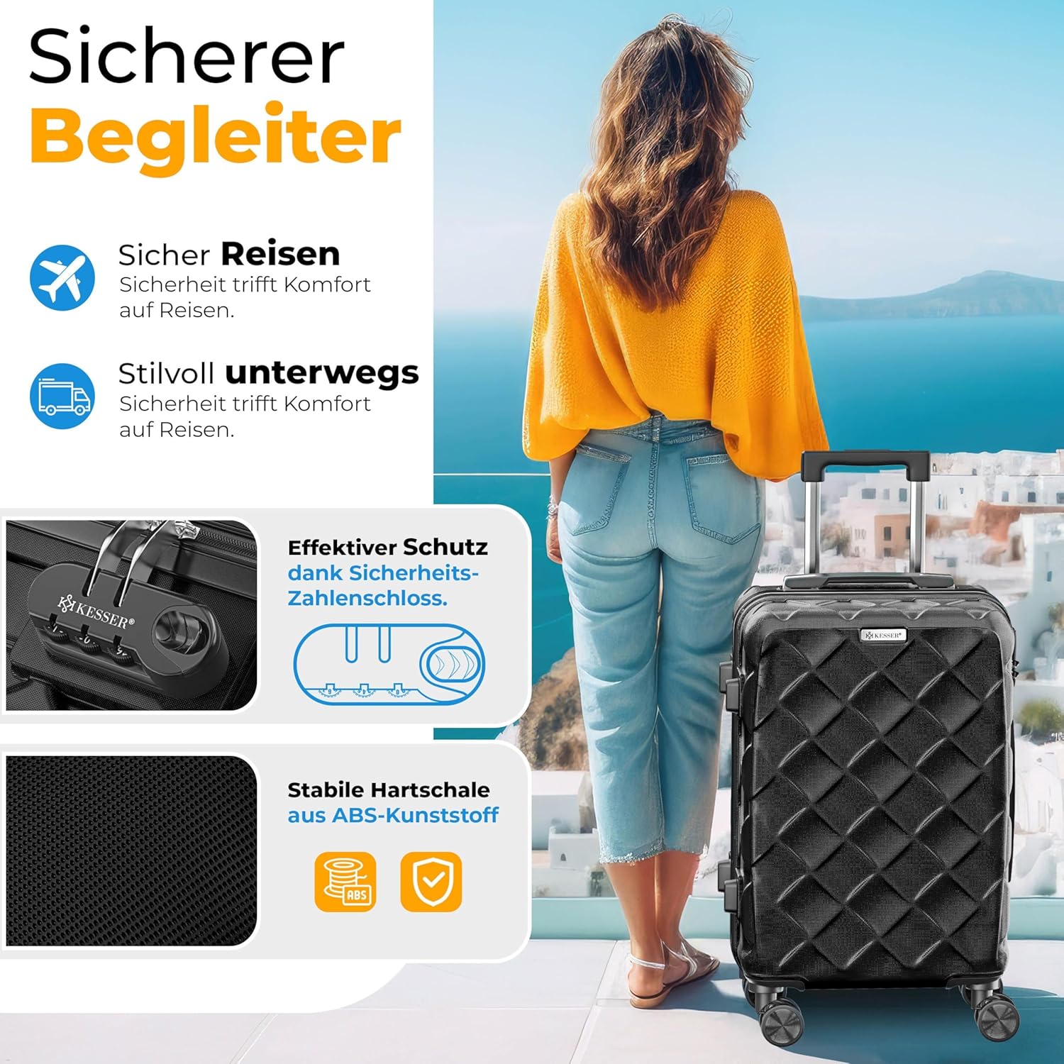 KESSER® Reisekoffer 84L Koffer Handgepäck ABS Hartschalenkoffer mit Zahlenschloss, Kofferwaage & Reisebrieftasche 360° Rollen | Rollkoffer für Business & Reise Trolley Black — Ansicht 6
