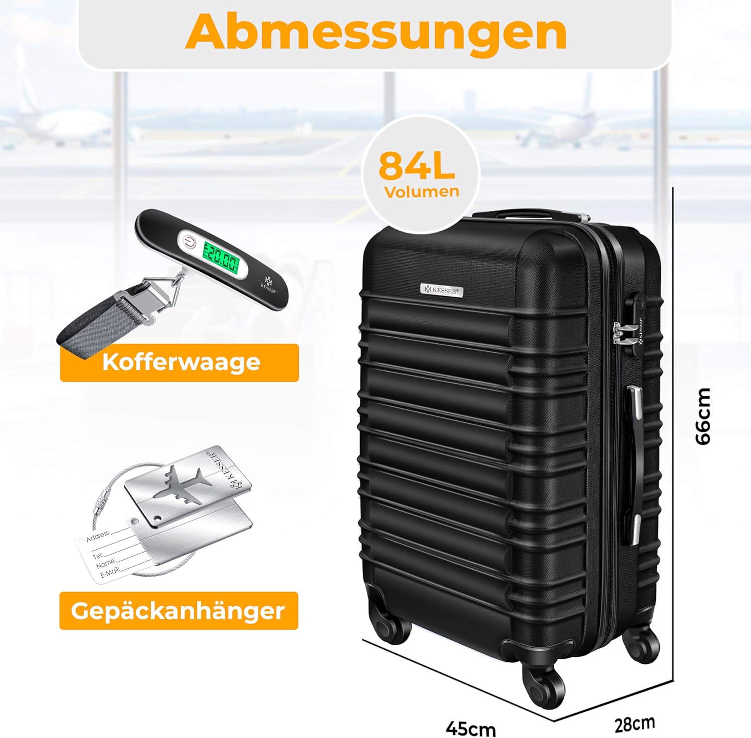 KESSER® Reisekoffer 84L Mittlerer Hartschalen Koffer Inkl. Kofferwaage + Gepäckanhänger | Trolley Gepäck Rollkoffer Zahlenschloss 4 Rollen ABS-Hartschale Teleskopgriff, 66x45x28cm, Schwarz — Ansicht 2