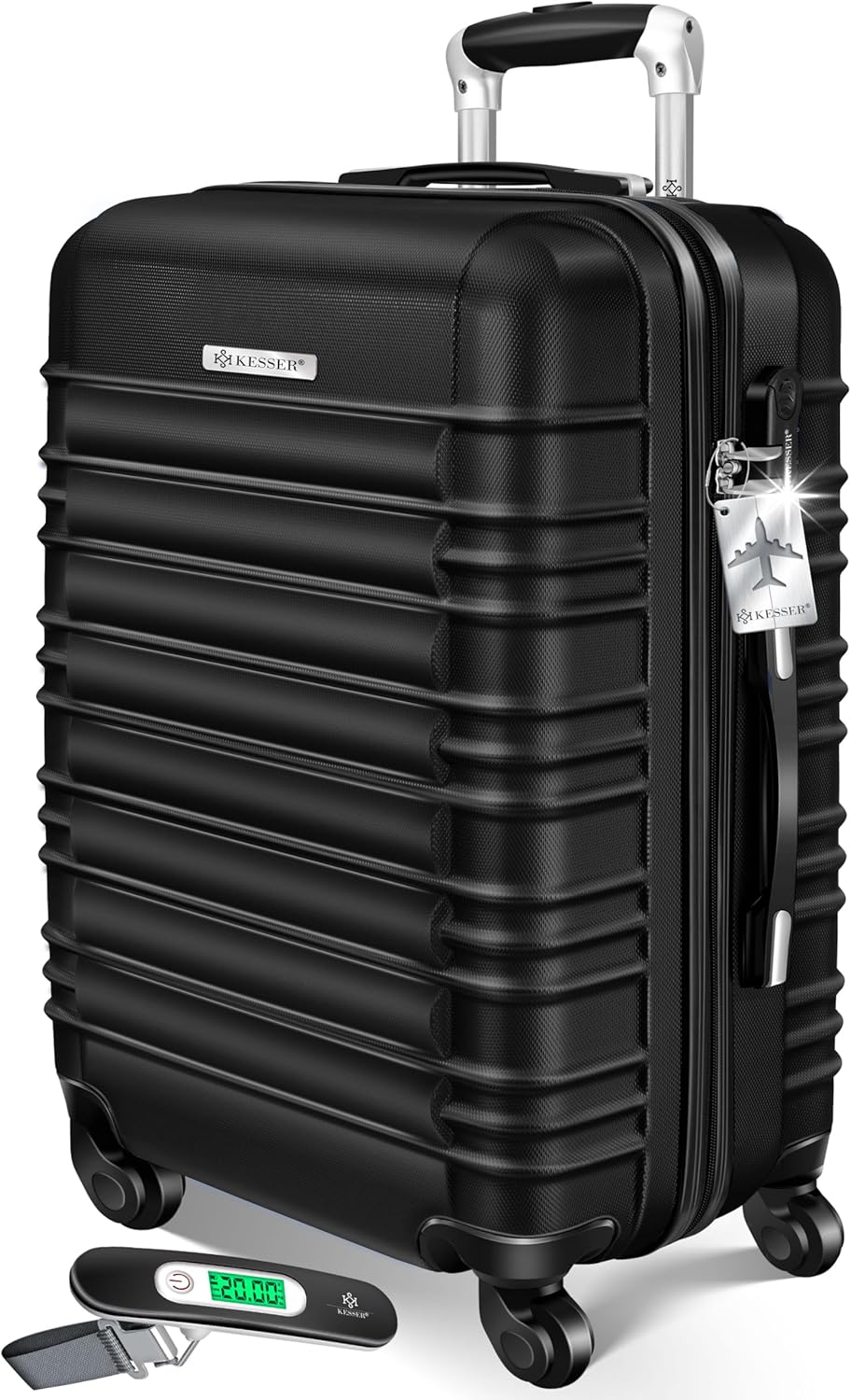 KESSER® Reisekoffer 84L Mittlerer Hartschalen Koffer Inkl. Kofferwaage + Gepäckanhänger | Trolley Gepäck Rollkoffer Zahlenschloss 4 Rollen ABS-Hartschale Teleskopgriff, 66x45x28cm, Schwarz