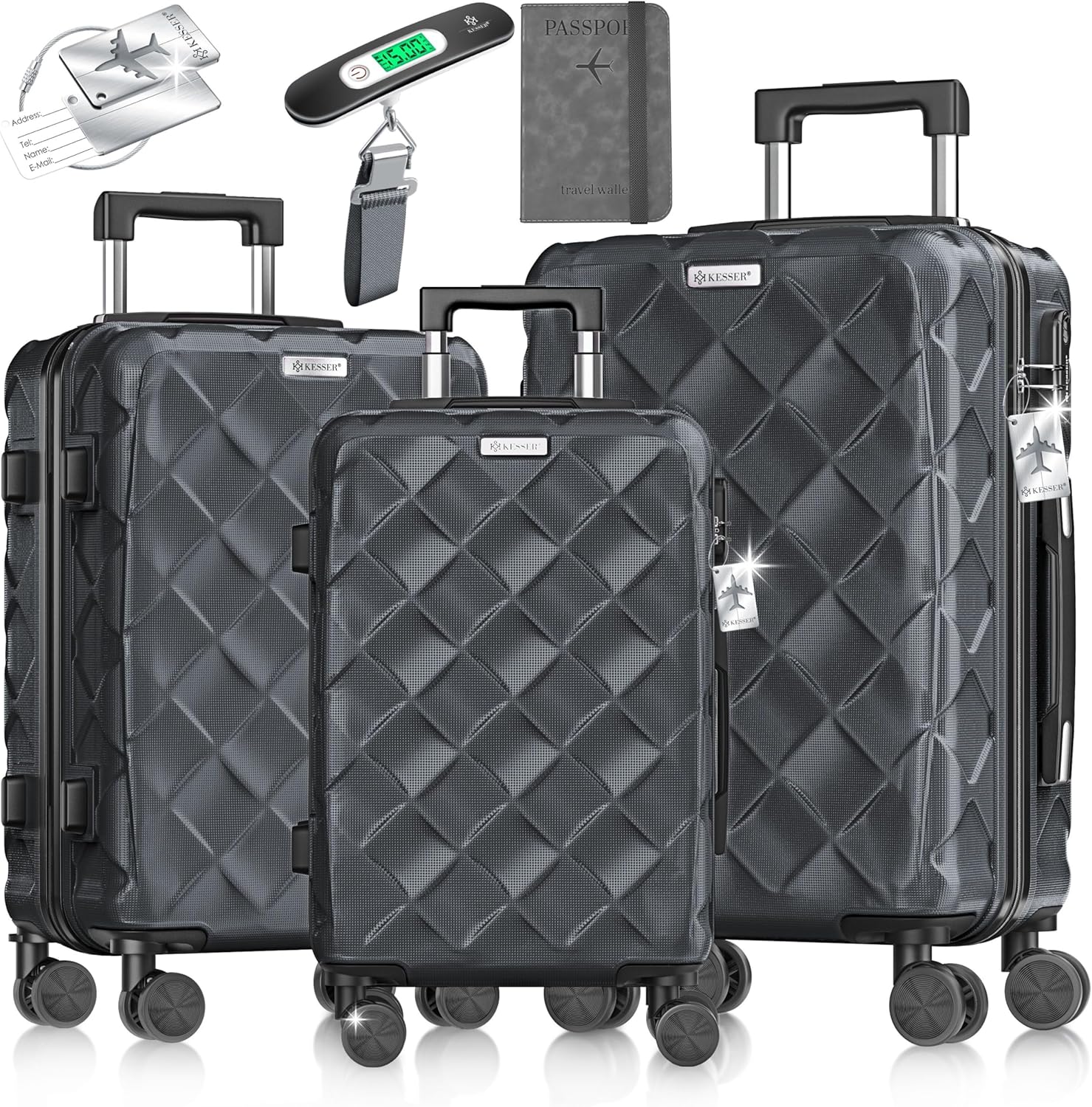 KESSER® Reisekoffer Set 3-teilig | Kofferset ABS Hartschalenkoffer mit Zahlenschloss, Kofferwaage & Reisebrieftasche 360° Rollen | Handgepäck & große Koffer für Business & Reise Trolley Charcoal