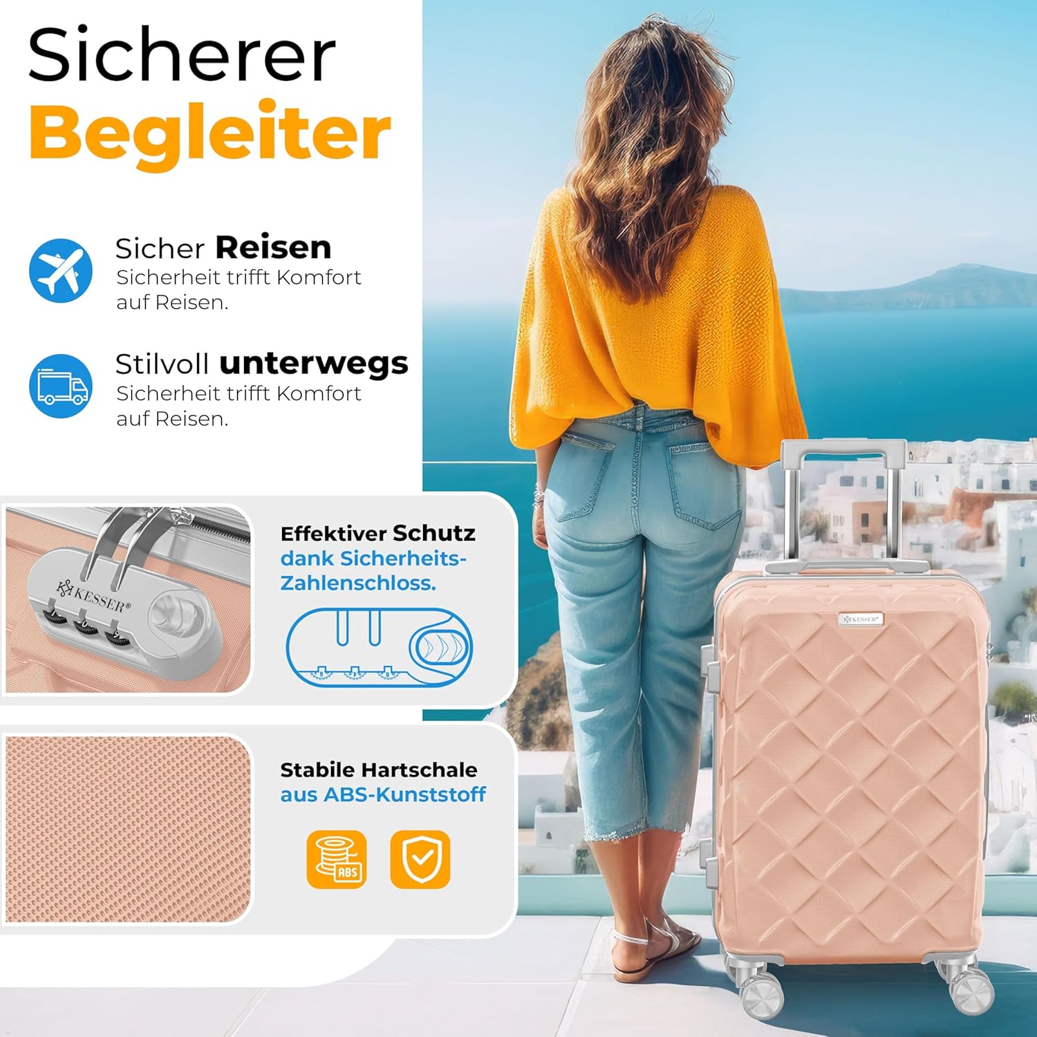 KESSER® Reisekoffer Set 4-teilig | Kofferset ABS Hartschalenkoffer mit Zahlenschloss, Kofferwaage & Reisebrieftasche 360° Rollen | Handgepäck & große Koffer für Business & Reise Trolley Nude Grey — Ansicht 4