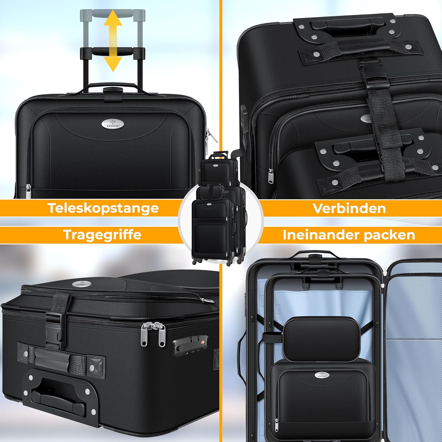 KESSER® Reisekoffer Set 4-teilig | Trolley Kofferset Stoffkoffer mit 3-Ziffern-TSA-Schloss, 360° Rollen & Teleskopgriff | Kosmetiktasche Handgepäck Leichter Koffer & große Koffer — Ansicht 5