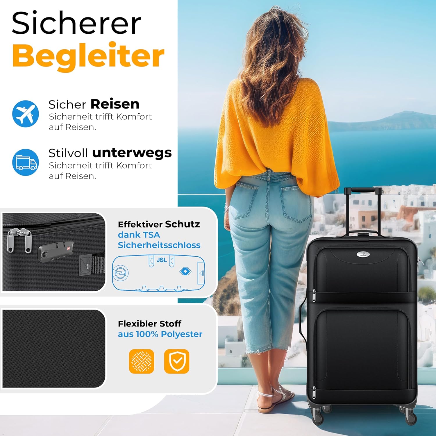 KESSER® Reisekoffer Set 4-teilig | Trolley Kofferset Stoffkoffer mit 3-Ziffern-TSA-Schloss, 360° Rollen & Teleskopgriff | Kosmetiktasche Handgepäck Leichter Koffer & große Koffer — Ansicht 6