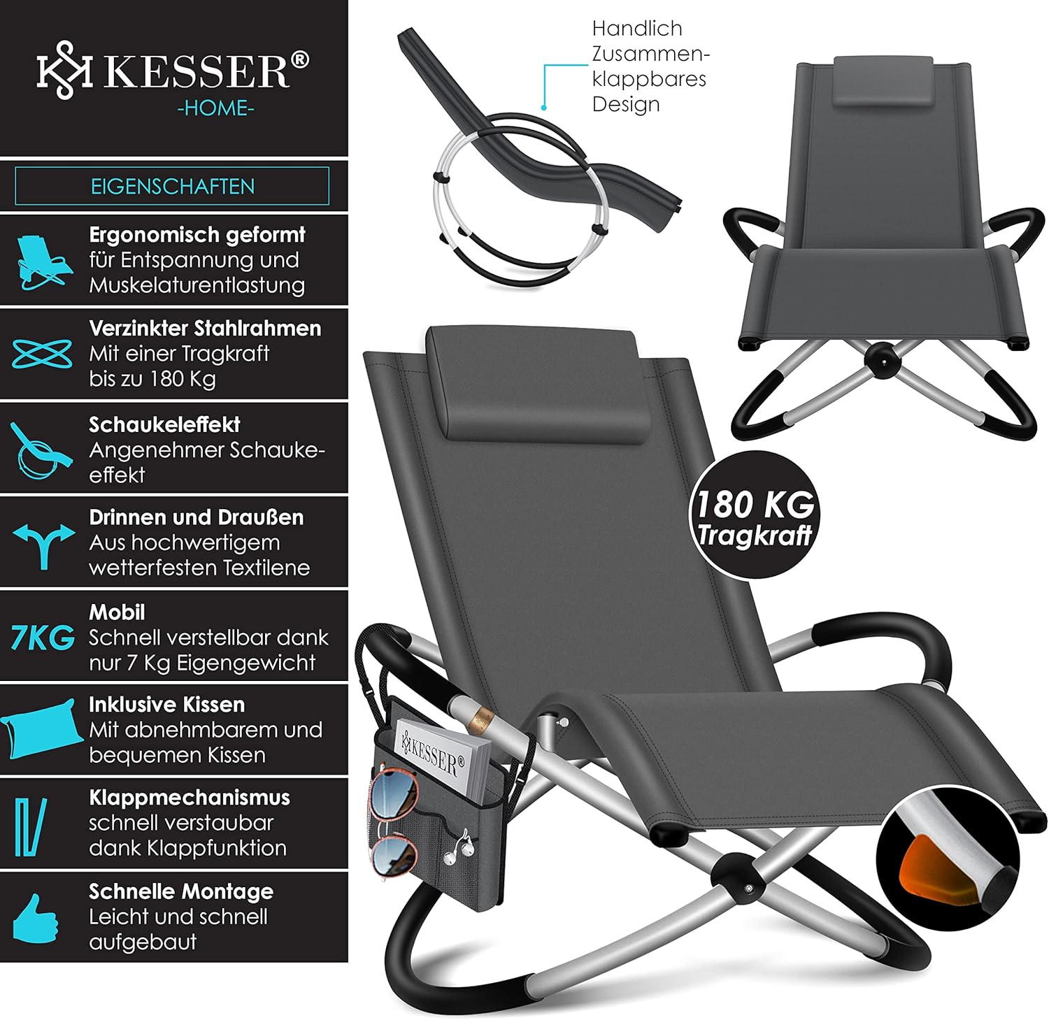 KESSER® Relaxliege Liegestuhl | Gartenliege Sonnenliege | Gartenstuhl | Klappstuhl faltbar | Schwungliege | Schaukelsessel | ergonomische Relaxsessel | wetterfest | 180 kg Belastung, Anthrazit — Ansicht 3