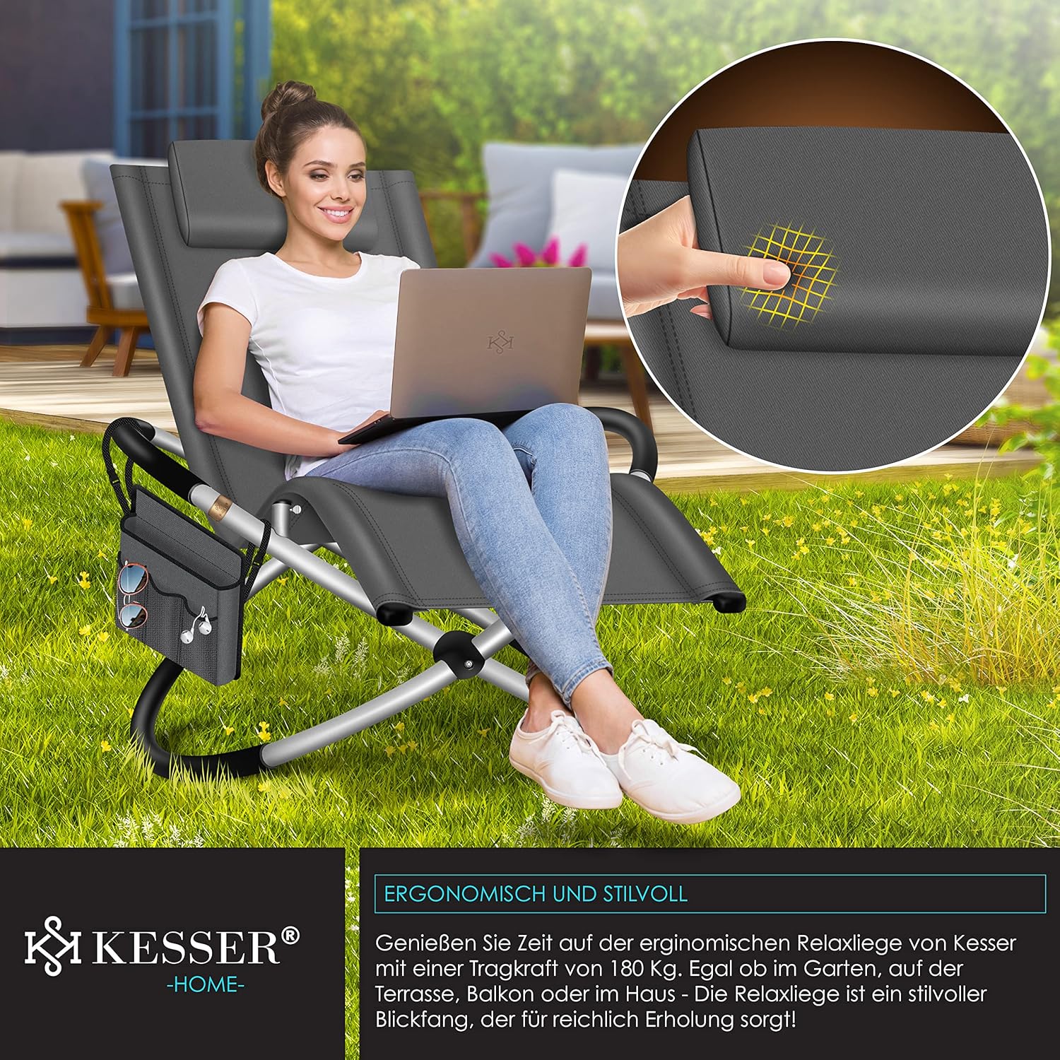 KESSER® Relaxliege Liegestuhl | Gartenliege Sonnenliege | Gartenstuhl | Klappstuhl faltbar | Schwungliege | Schaukelsessel | ergonomische Relaxsessel | wetterfest | 180 kg Belastung, Anthrazit — Ansicht 4