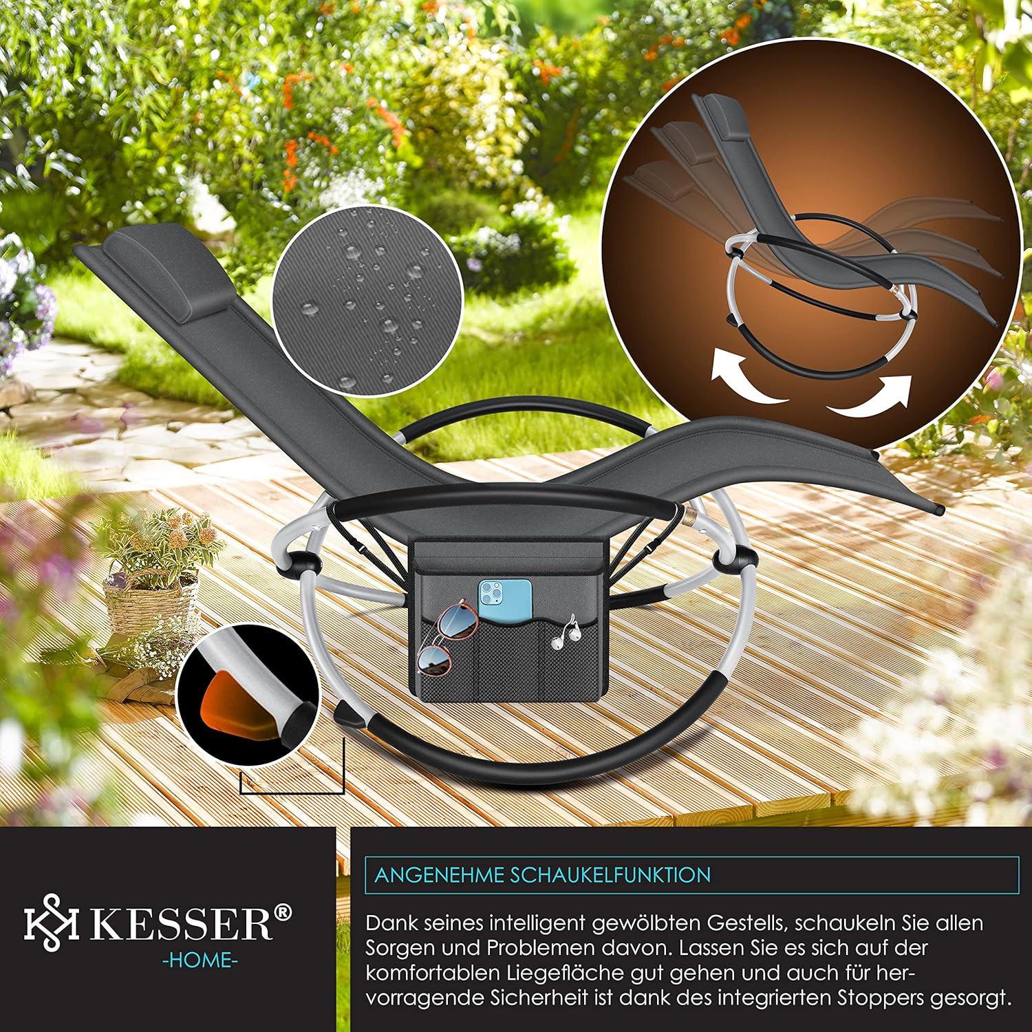 KESSER® Relaxliege Liegestuhl | Gartenliege Sonnenliege | Gartenstuhl | Klappstuhl faltbar | Schwungliege | Schaukelsessel | ergonomische Relaxsessel | wetterfest | 180 kg Belastung, Anthrazit — Ansicht 5