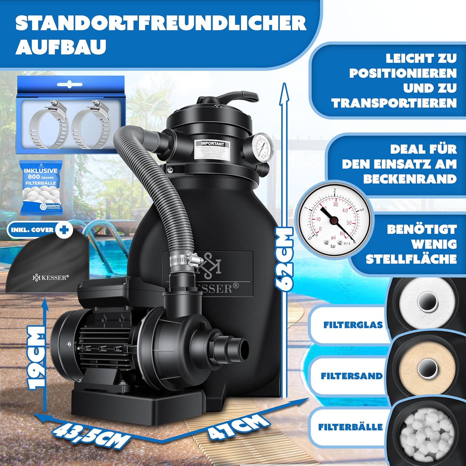 KESSER® Sandfilter Sandfilteranlage+ 800g Filterbälle ersetzen 25kg Filtersand-Poolfilter 10 m3/h Filteranlage Filterkessel für Pool Schwimmbecken 4-Wege Ventil,einfache Steuerung,Inkl. Cover, Schwarz — Ansicht 2