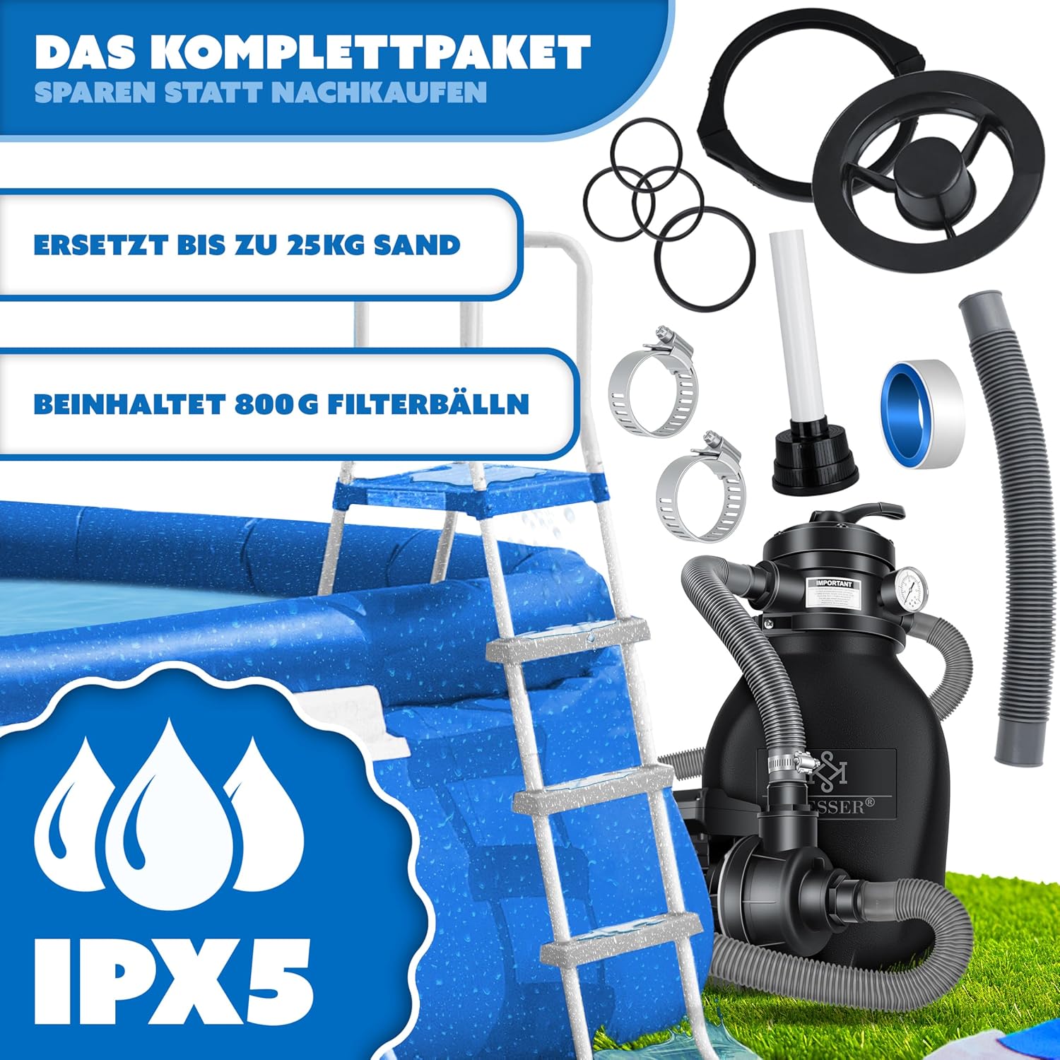 KESSER® Sandfilter Sandfilteranlage+ 800g Filterbälle ersetzen 25kg Filtersand-Poolfilter 10 m3/h Filteranlage Filterkessel für Pool Schwimmbecken 4-Wege Ventil,einfache Steuerung,Inkl. Cover, Schwarz — Ansicht 4